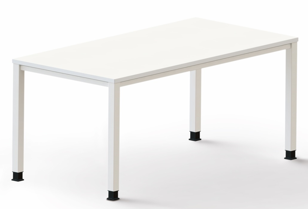 Weißer Sinac Schreibtisch von Palmberg mit höhenverstellbaren Beinen für ergonomisches Arbeiten im Büro.