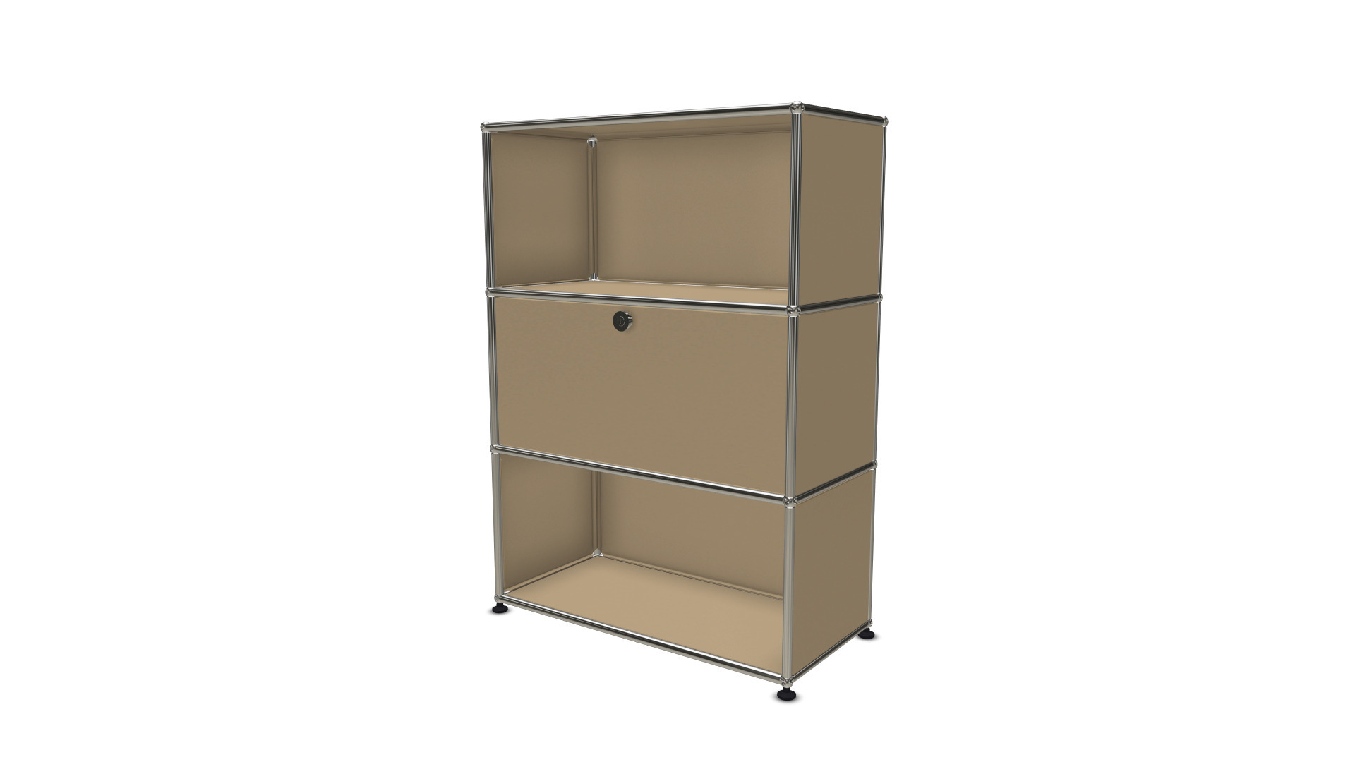 USM Haller Highboard in Beige mit einer Klappe, modernes modulares Möbeldesign für Wohnraum und Büro.