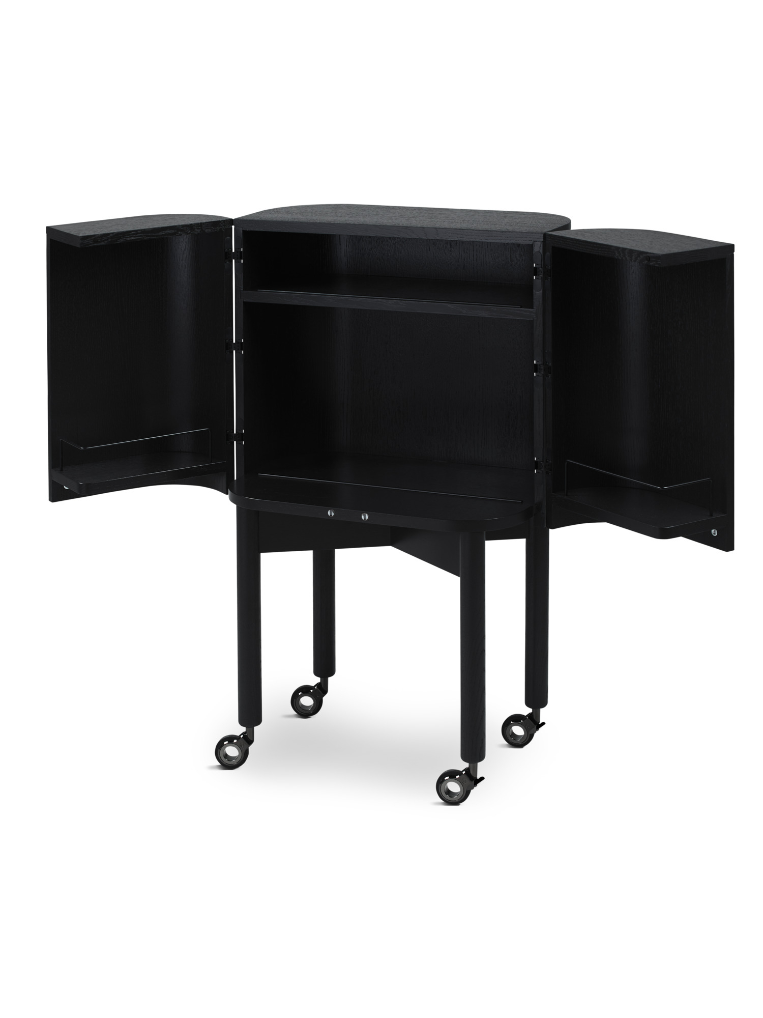 Schwarzer Loud Barschrank von Northern, offen, mit Regalen und Rollen für Wohnzimmer und Bar.