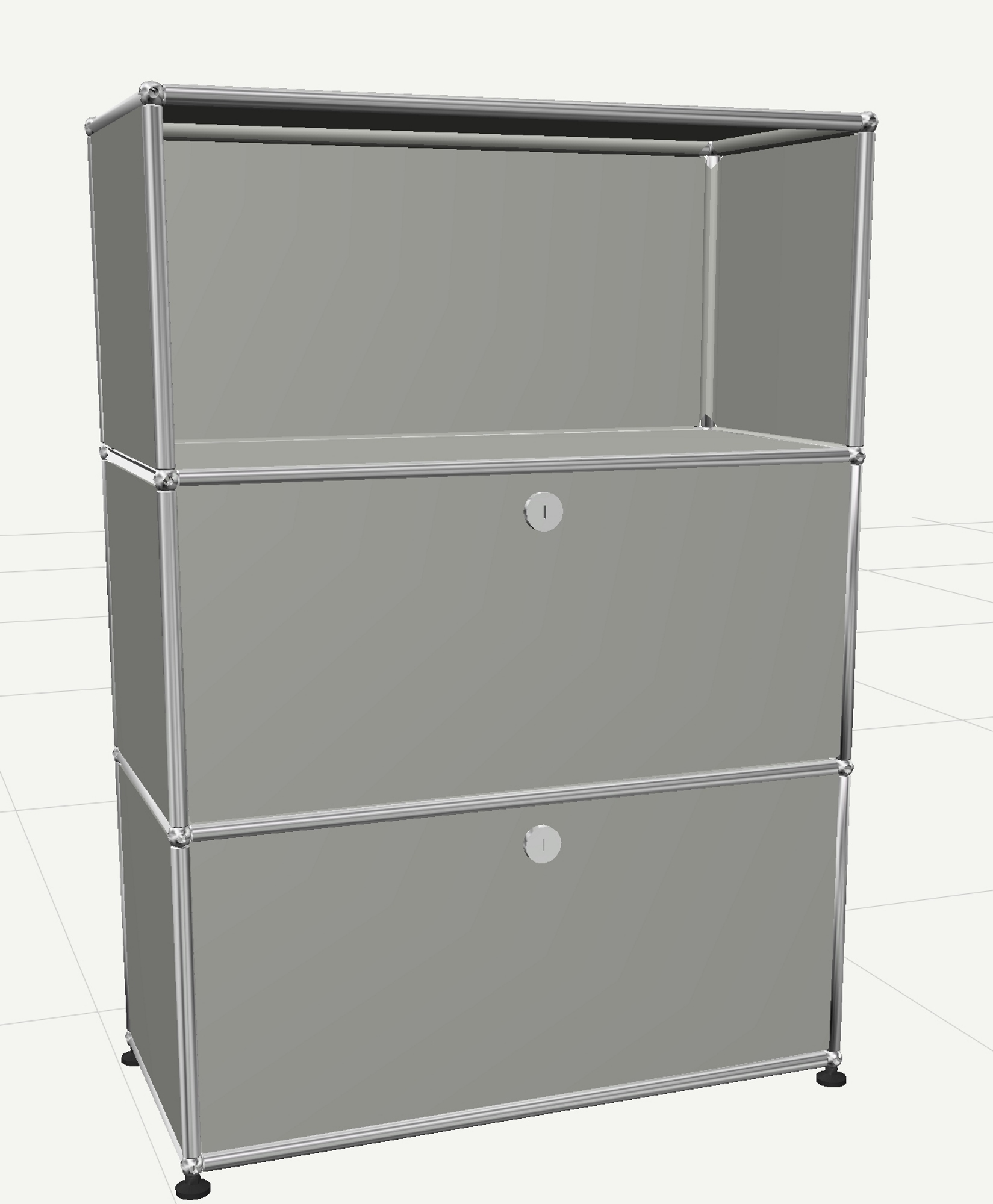 USM Haller Highboard in Lichtgrau mit zwei Klappen und einem offenen Fach für stilvolle Aufbewahrung.