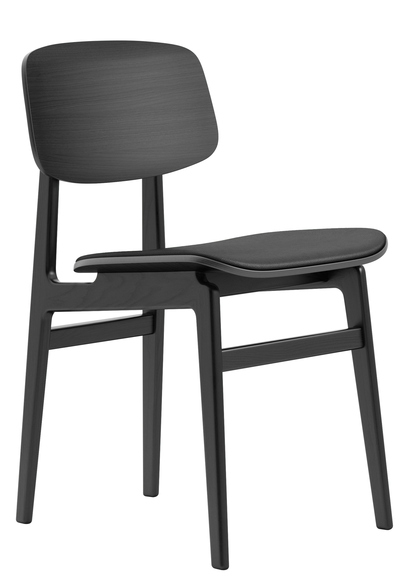 NY11 Stuhl, NORR11 Esszimmerstuhl aus schwarzer Eiche mit schwarzem Lederpolster.