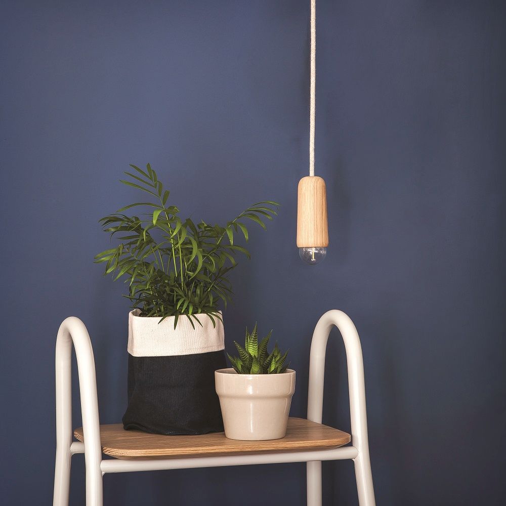 Luce Pendelleuchte von Hartô aus Eiche, minimalistische Hängelampe neben Pflanzen auf einem Regal.