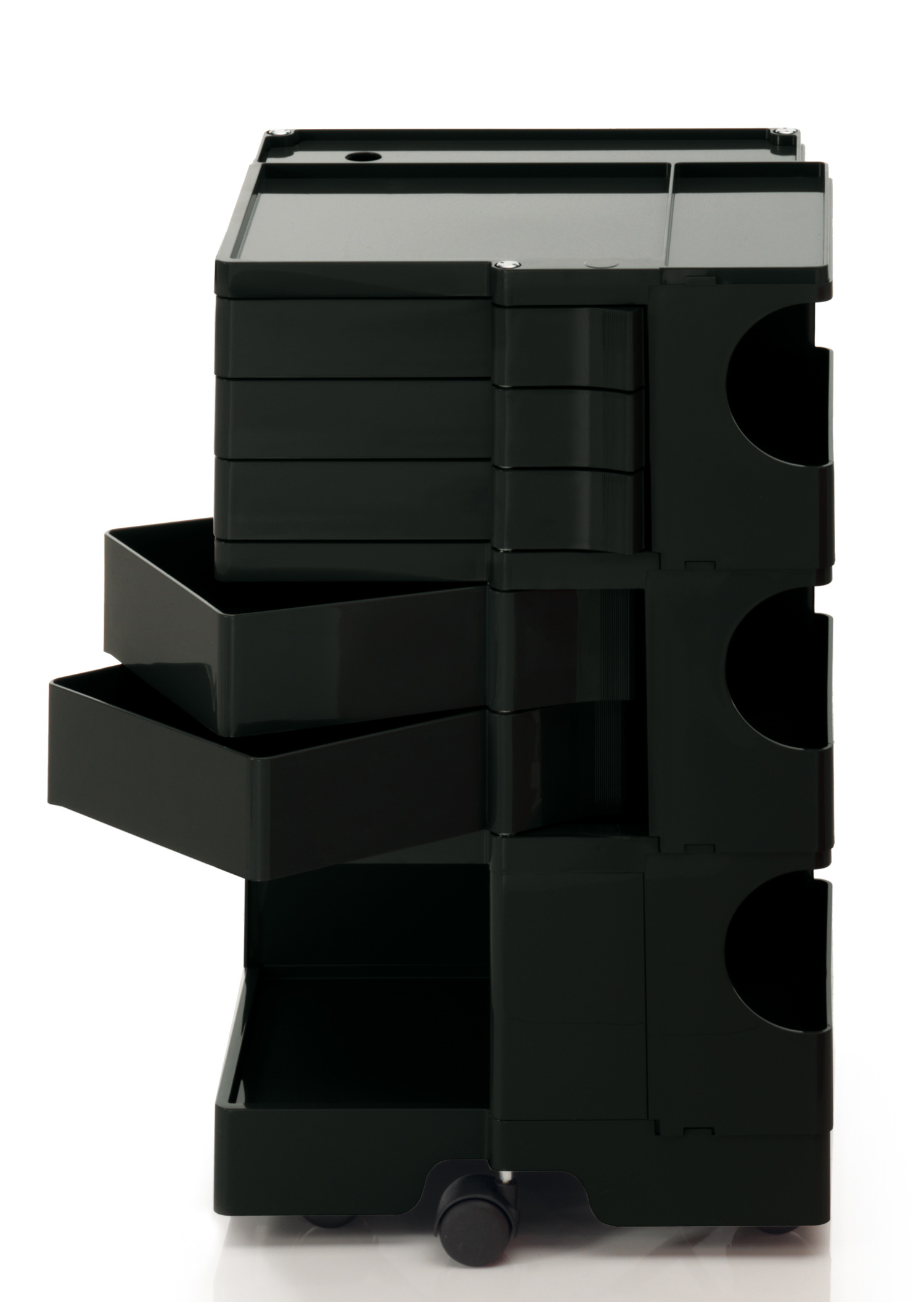 Schwarzer Boby Rollcontainer mit Schubladen und Fächern, ideal für Büro und Werkstatt.