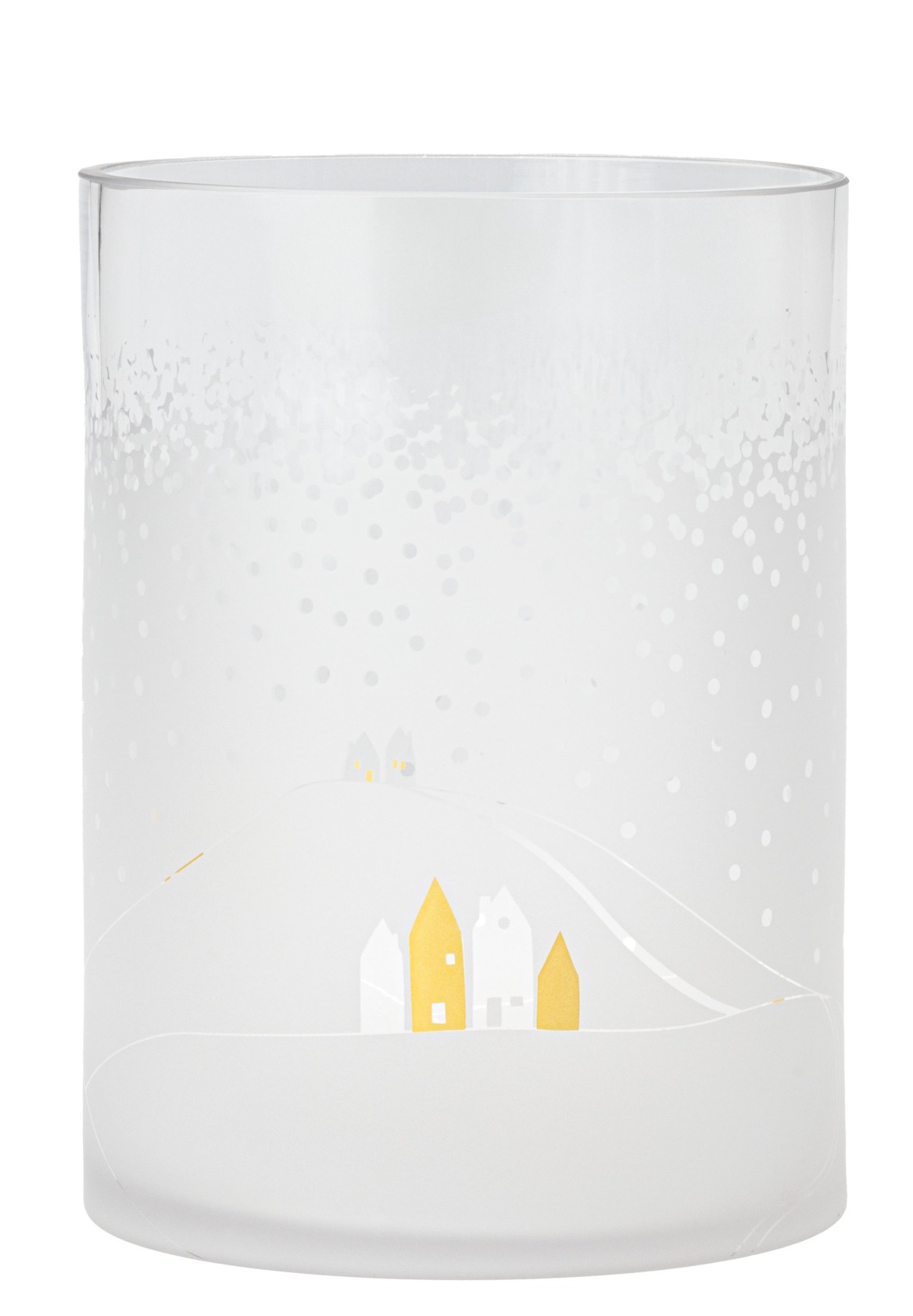 Poesie Windlicht mit Schneelandschaft-Motiv: Glaswindlicht mit Winterdorf und Schneeflocken für stimmungsvolle Beleuchtung.