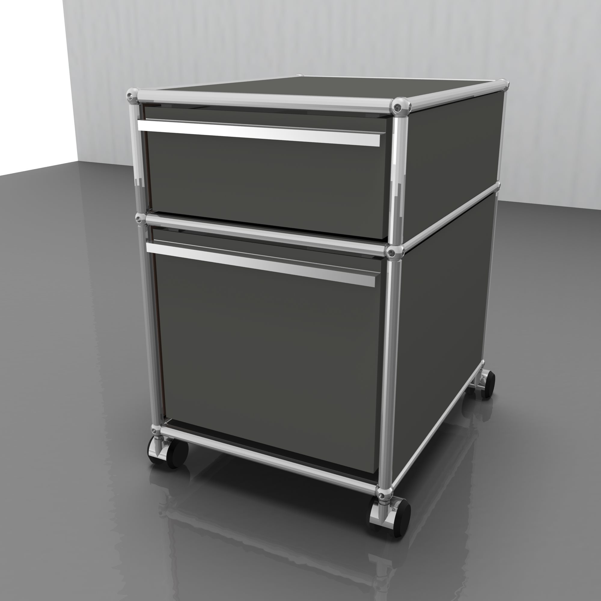 Lichtgrauer USM Rollcontainer mit zwei Schubladen und optionaler Lederauflage für Büro und Arbeitszimmer.
