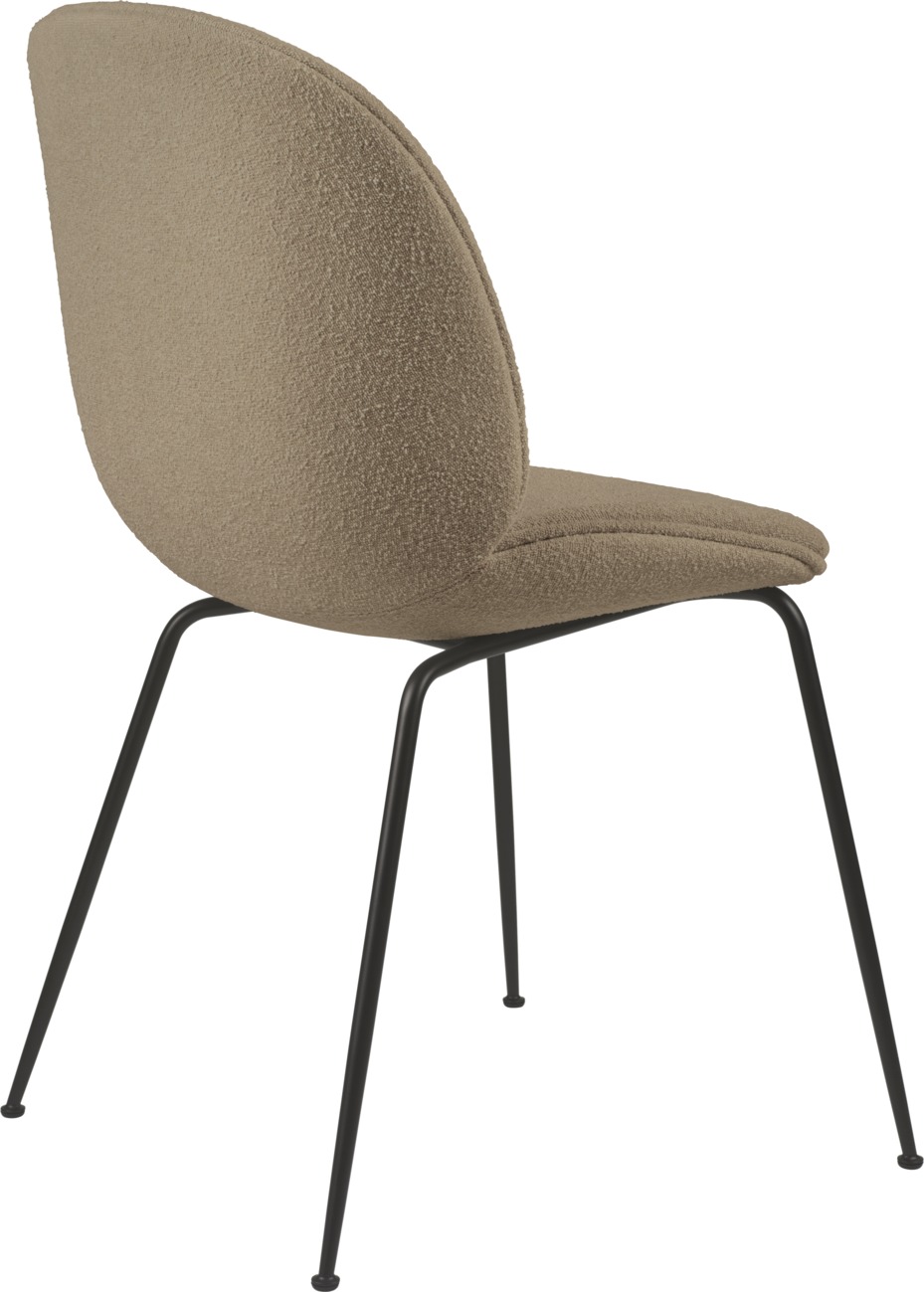 Beige Beetle Chair Stuhl mit Bouclé-Bezug und schwarzem Metallgestell, Ansicht von hinten.