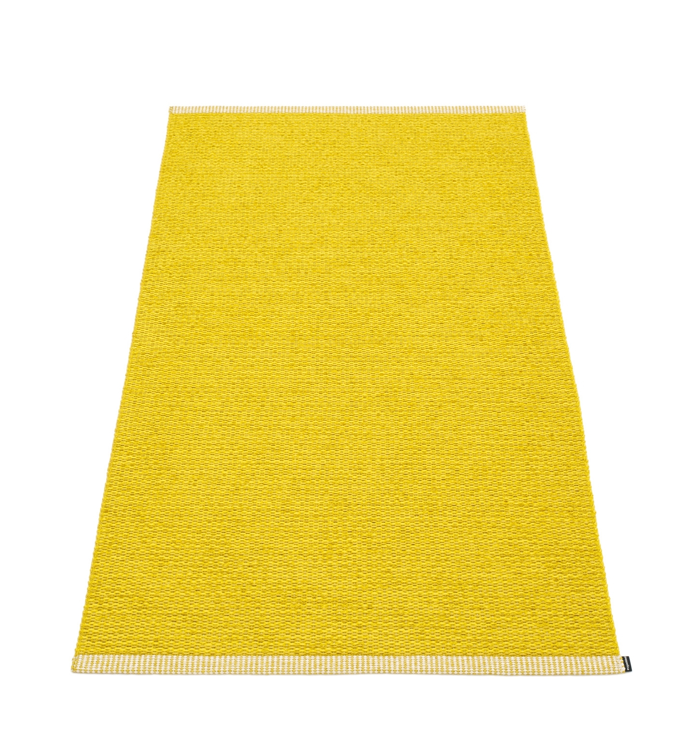 Senffarbener Pappelina Mono Kunststoffteppich (85x160) mit heller Bordüre, ideal für drinnen und draußen.