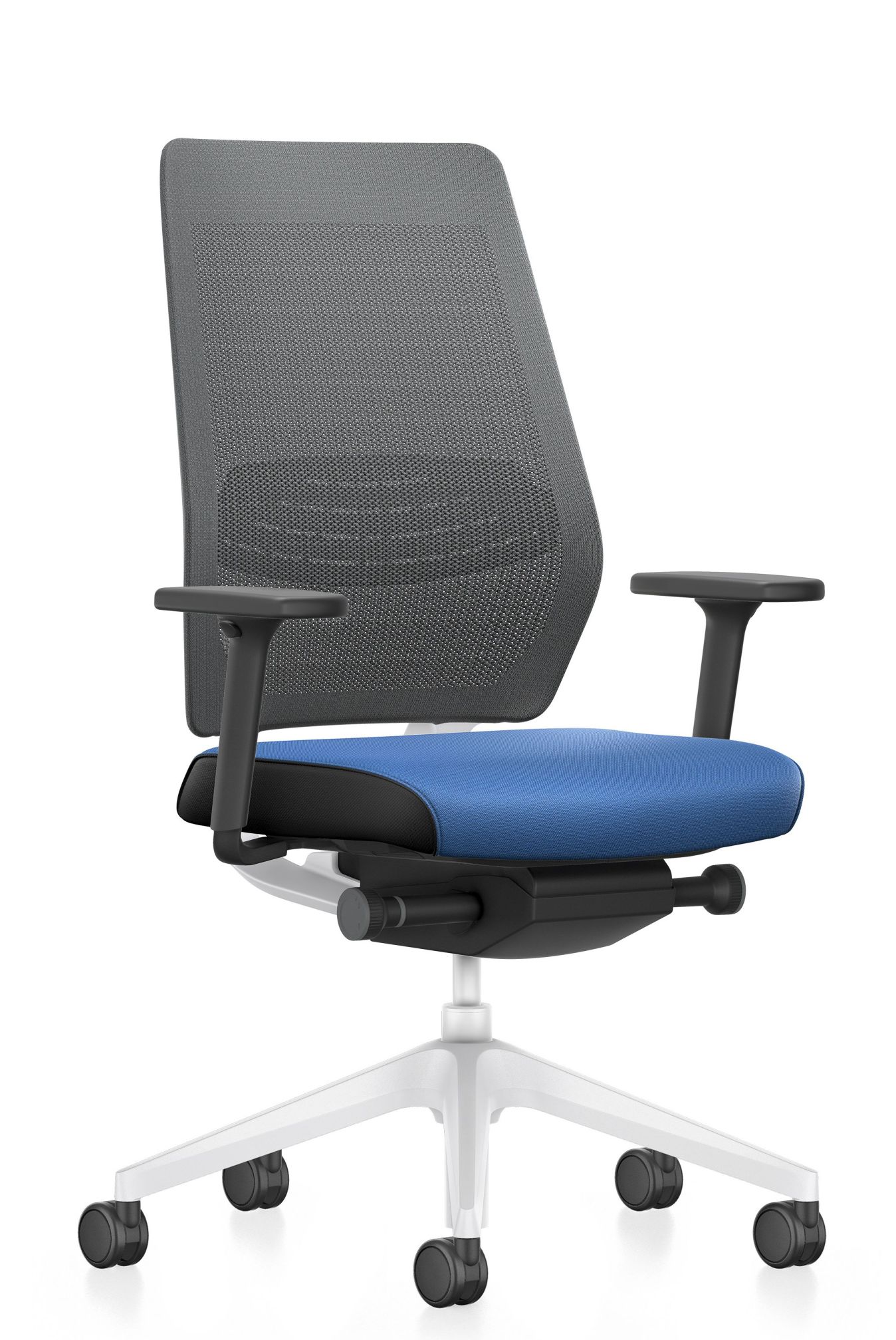 JOYCE IS3 Bürostuhl: Drehstuhl mit blauem Sitz, grauem Netzrücken und weißen Füßen. Ergonomischer Arbeitsstuhl.