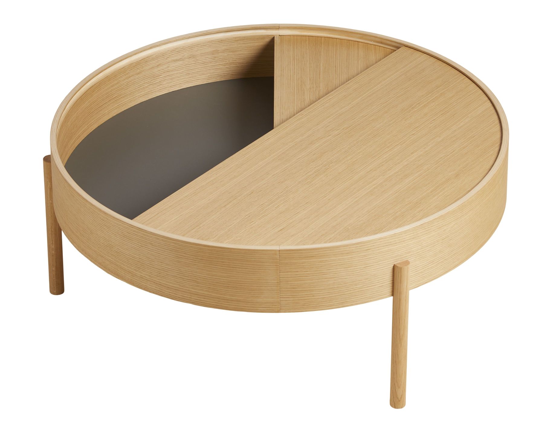 Runder Arc Coffee Table von Woud aus hellem Holz mit Stauraum.