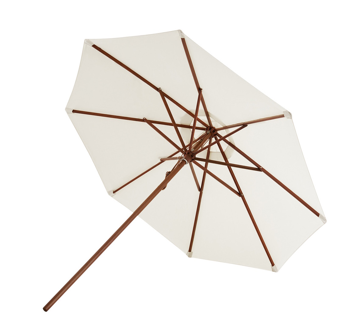 Messina Sonnenschirm in Off White, Unteransicht mit Holzgestell. Ideal für Garten und Terrasse.