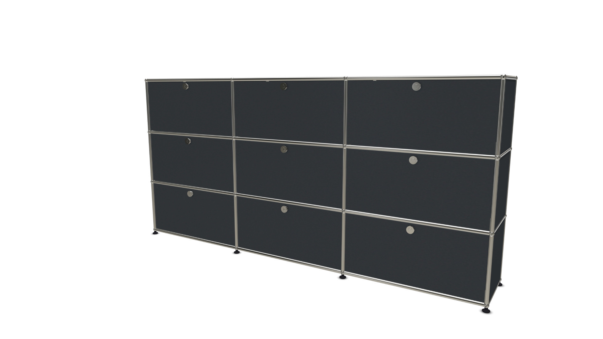 USM Haller Highboard mit neun Klappen in Anthrazit, modernes Designmöbel für stilvolle Wohnraumgestaltung und Büroorganisation.