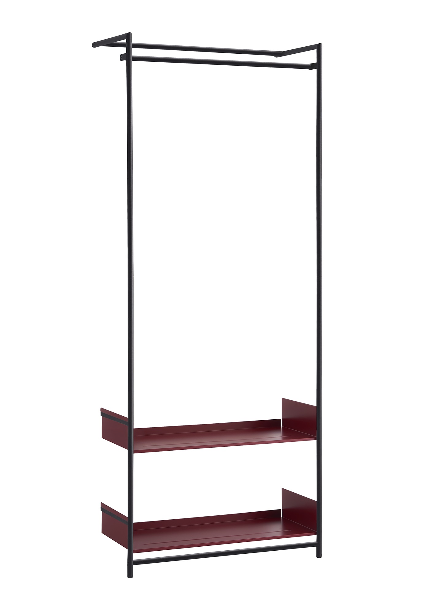 Comba Anlehngarderobe von Mox, moderne Garderobe in Schwarz und Weinrot mit zwei Ablageflächen.