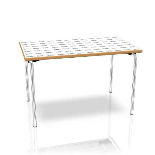 Rechteckiger Klapptisch "Trust" von Brunner mit Rundrohr-Gestell und bedruckter Tischplatte.