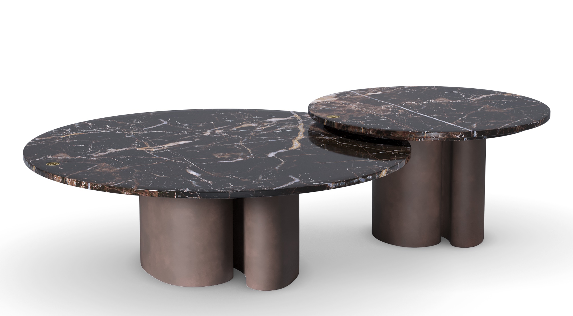 Ombo Petit Set: Couchtisch und Beistelltisch aus Marmor und Nubukleder von Mansi London.