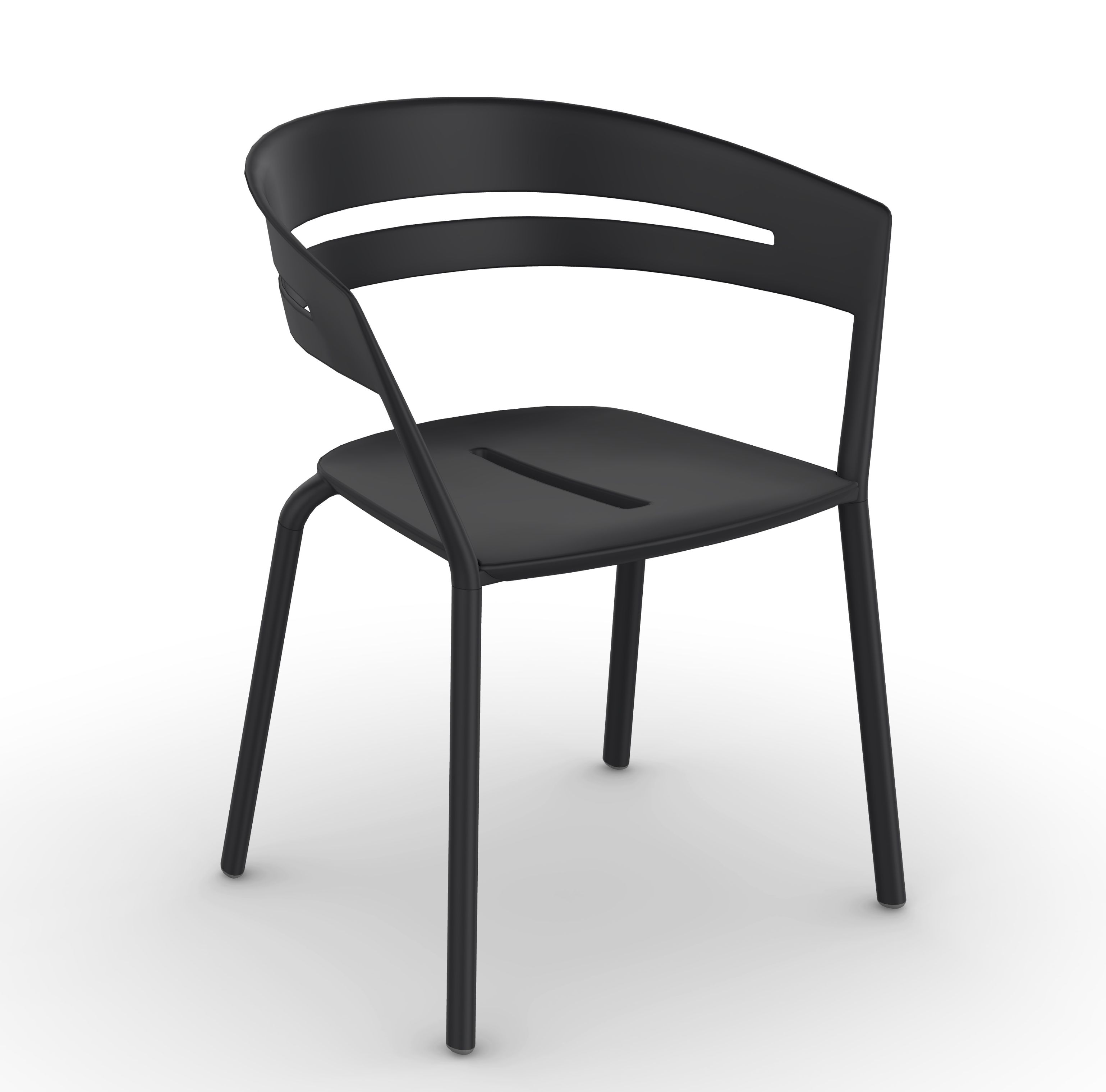 Schwarzer Ria Stuhl mit Armlehnen, modernem Design und schlichten Linien für Esszimmer oder Büro.