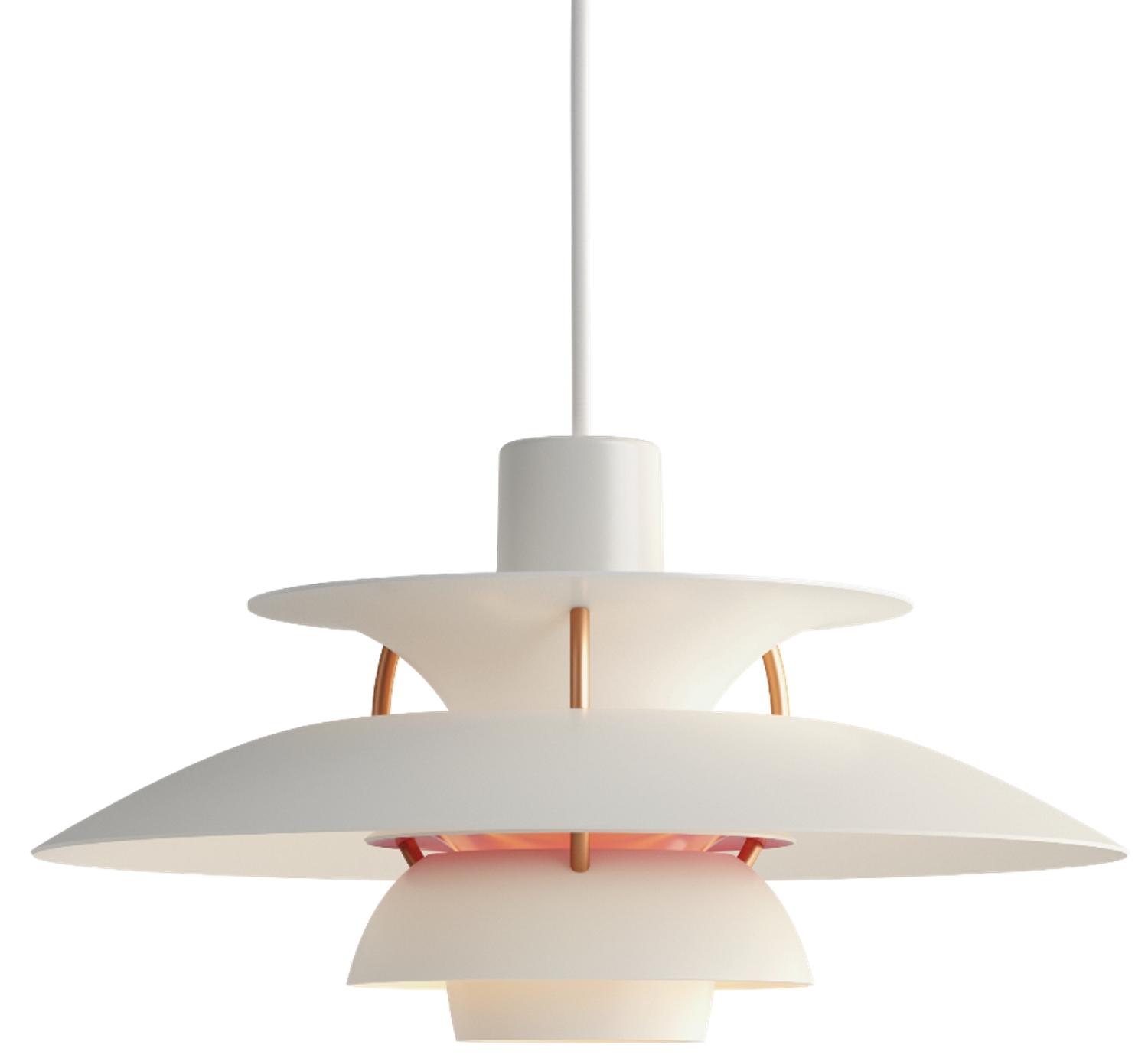 Weiße PH 5 Mini Pendelleuchte von Louis Poulsen, modernes Design für stilvolle Beleuchtung.