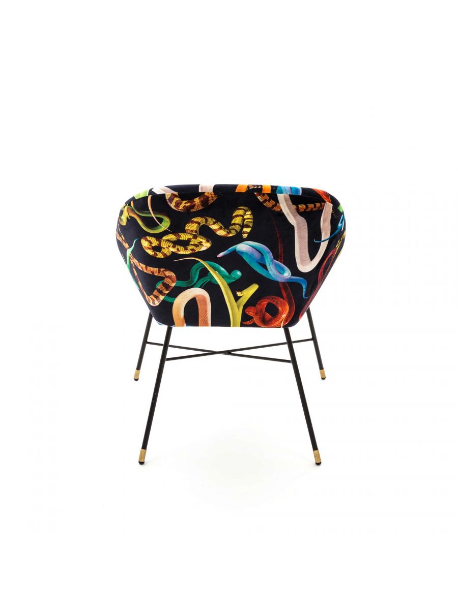 Toiletpaper Polsterstuhl Snakes Seletti Toiletpaper Polsterstuhl Snakes von Seletti mit schwarzem Bezug und buntem Schlangenmuster, Metallbeine.