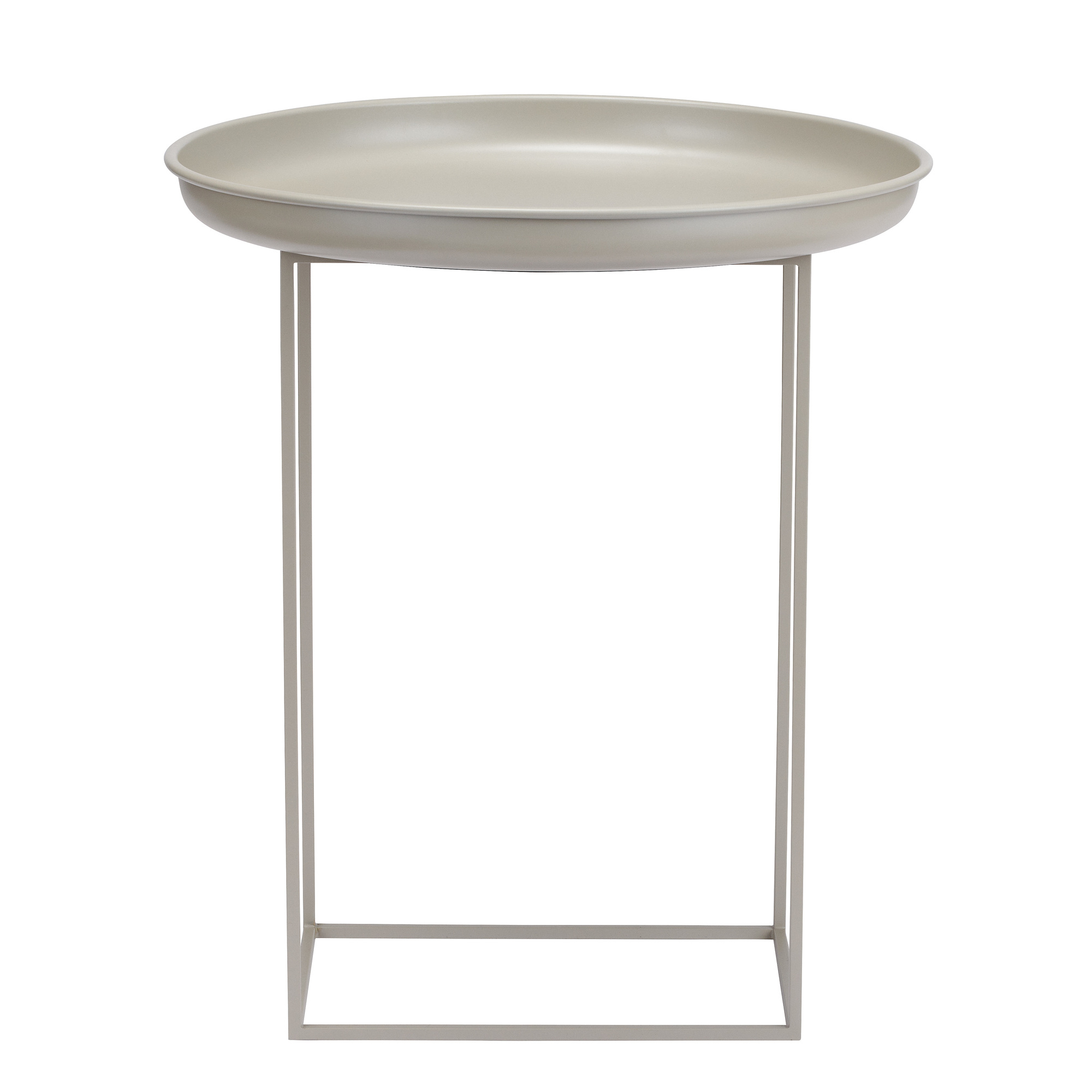 Duke Couchtisch Medium von Norr11: Runder, beiger Steintisch mit minimalistischem Metallgestell.