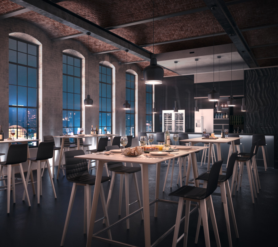 Fina Club Stehtisch von Brunner in modernem Ambiente mit Speisen und Getränken. Ideal für Gastronomie.