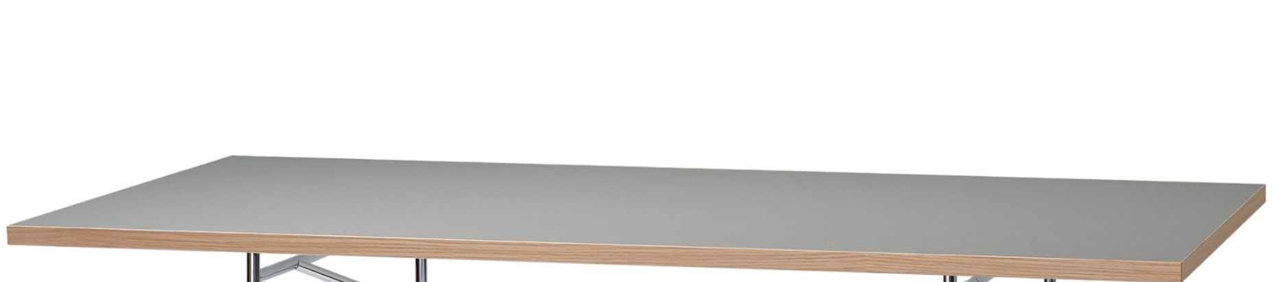 Eiermann Tischplatte Linoleum Asche 160x90 cm: Graue Tischplatte mit hellem Holzrahmen für Schreibtisch.