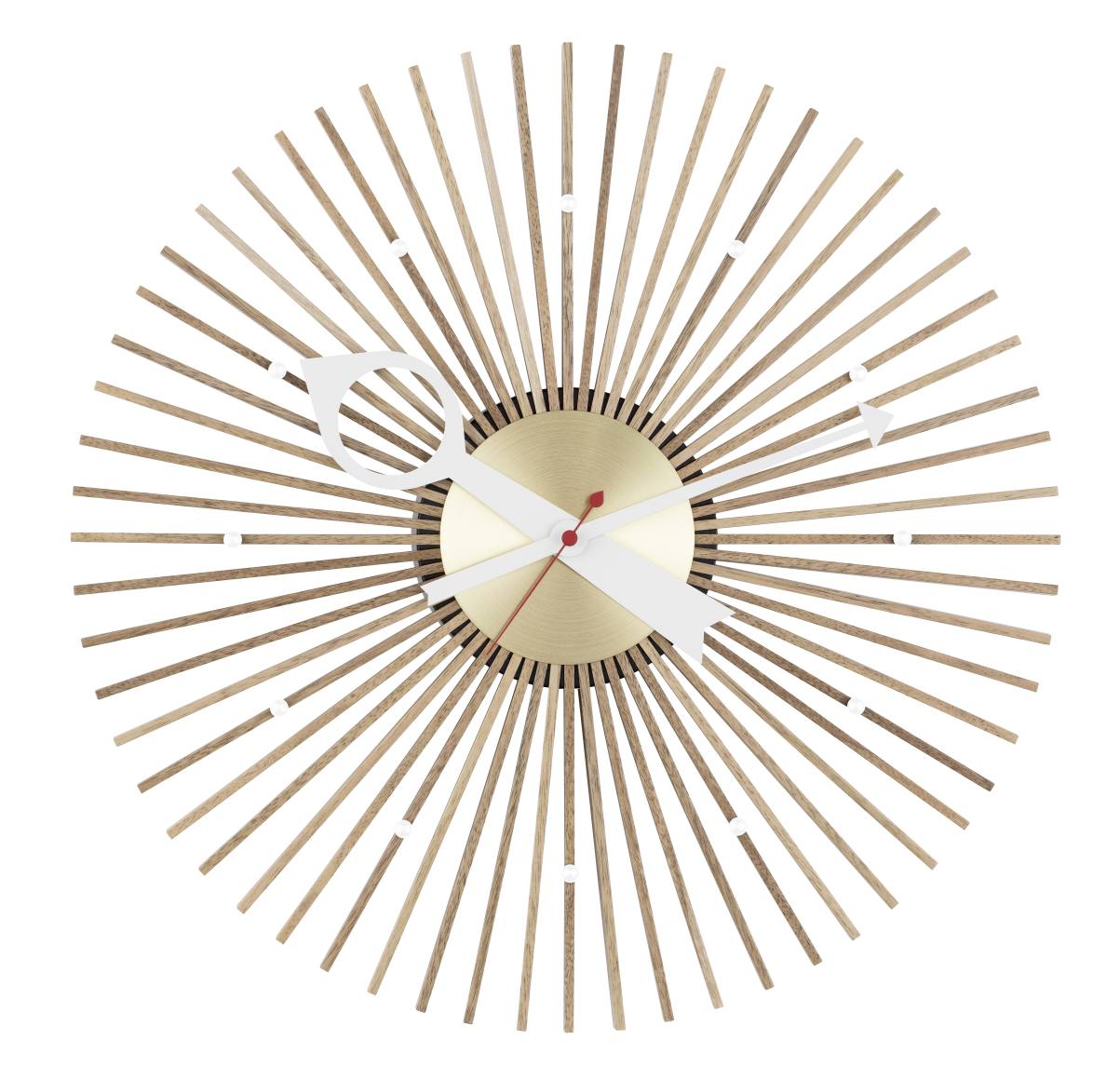 Vitra Wanduhr Popsicle Clock mit Holzstrahlen und goldenem Ziffernblatt. Design Wanduhr.