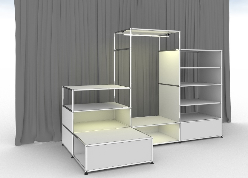 Beleuchtete, modulare USM Haller Garderobe in Reinweiß mit Regalen und Kleiderstange. Designklassiker für stilvolle Einrichtung.