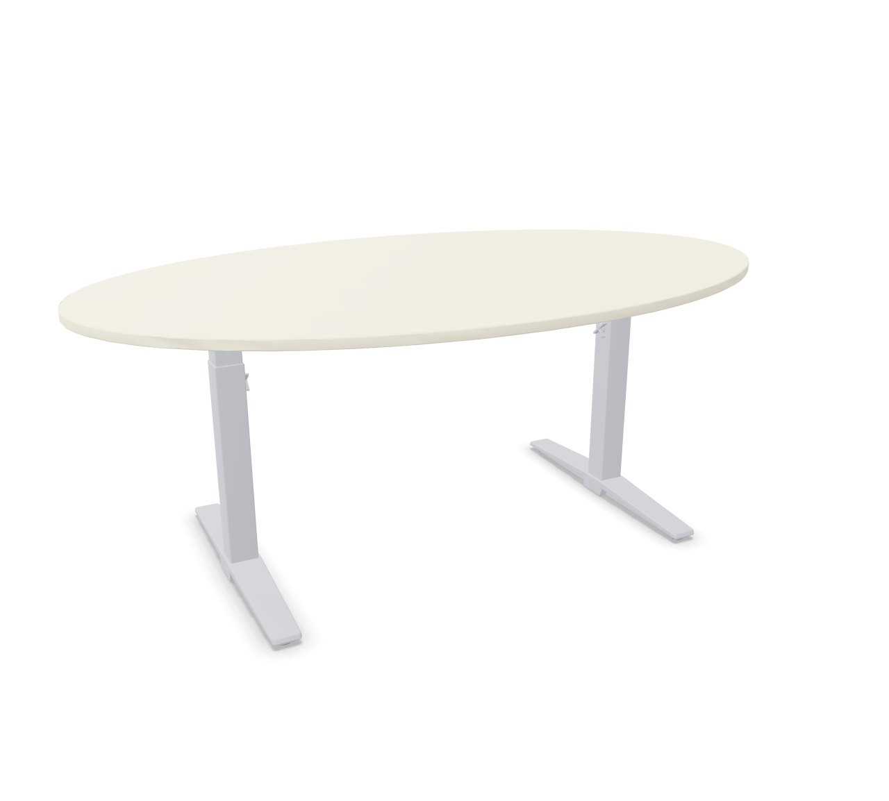 Talo.S Konferenztisch in Ellipsenform von König+Neurath mit weißer Tischplatte und höhenverstellbarem, silbernem Gestell.