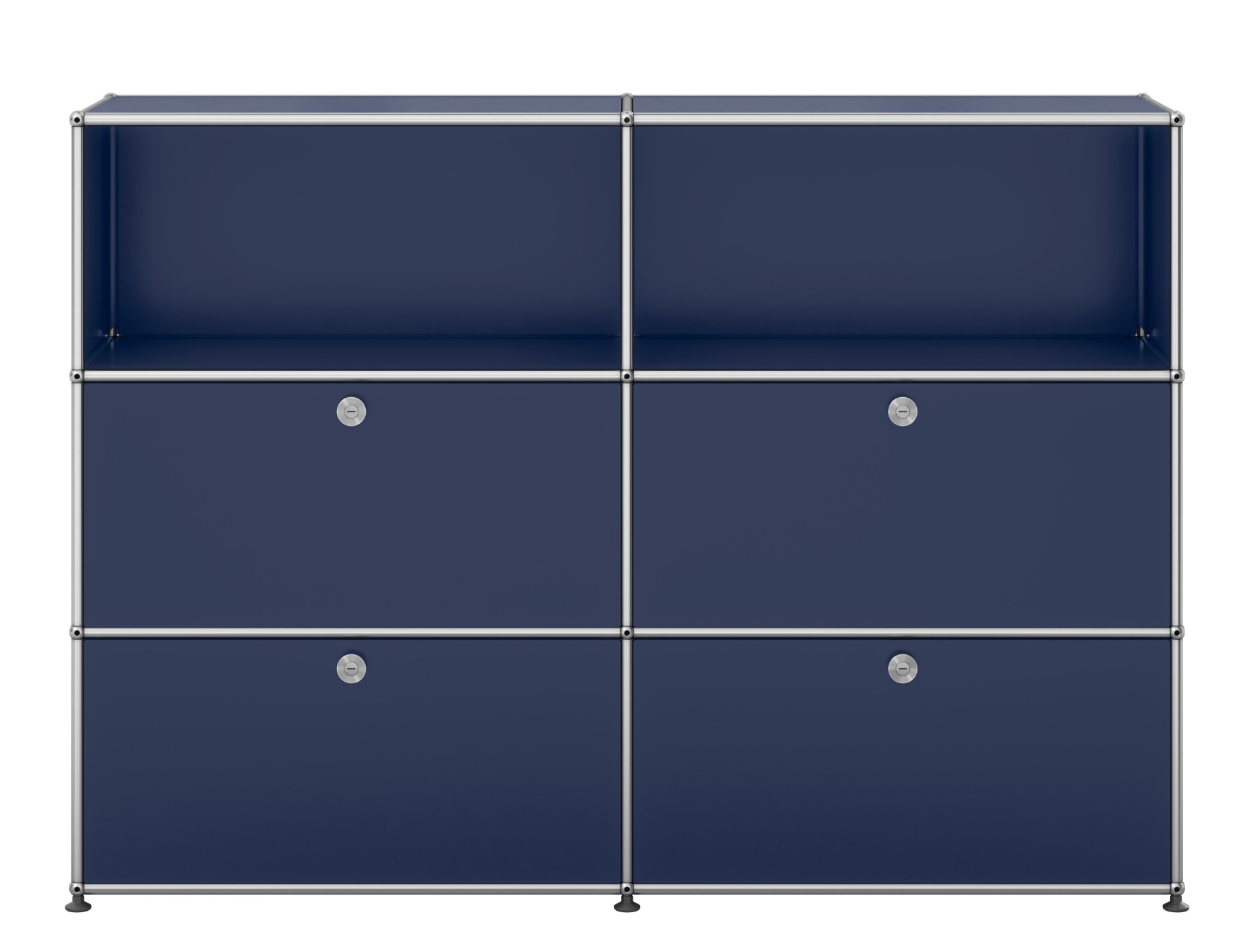 USM Haller Sideboard in Stahlblau mit vier Klappen, modernes modulares Möbeldesign für Wohnzimmer und Büro.