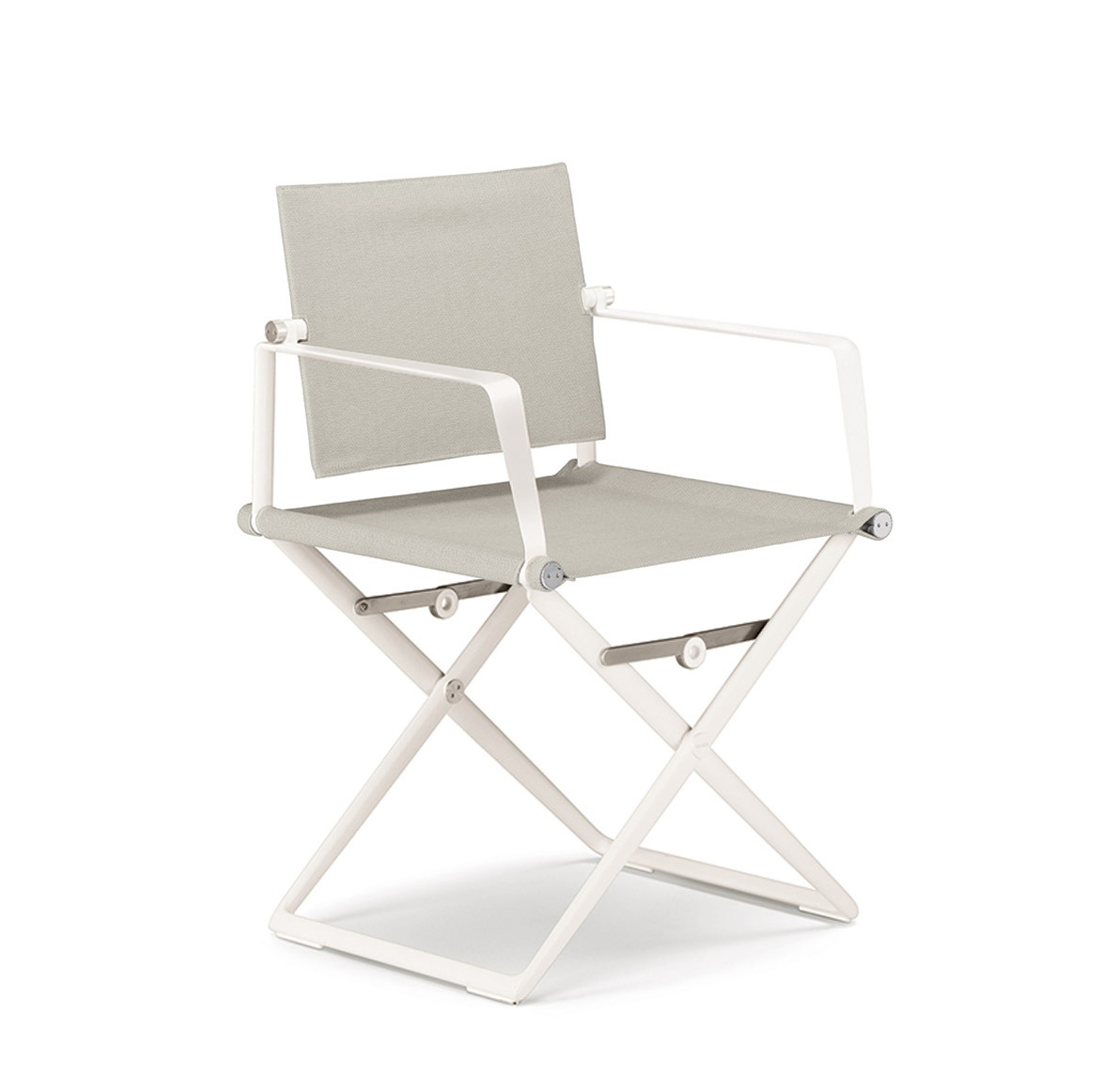 SeaX Armchair von Dedon: Moderner Armlehnstuhl mit weißem Gestell und grauem Textilbezug.