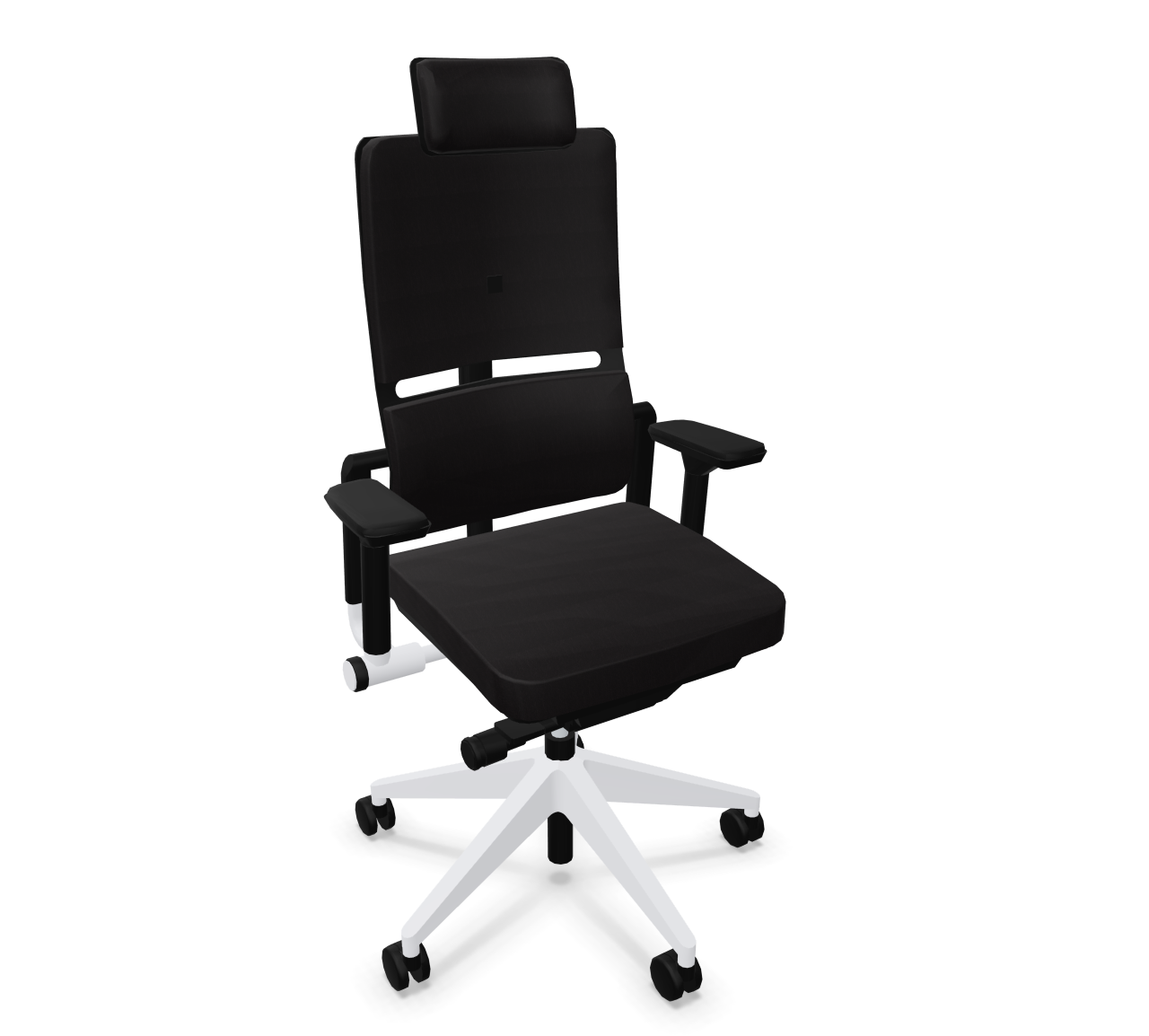 Schwarzer Please Bürostuhl von Steelcase mit Kopfstütze und weißem Fußkreuz. Ergonomischer Arbeitsstuhl.