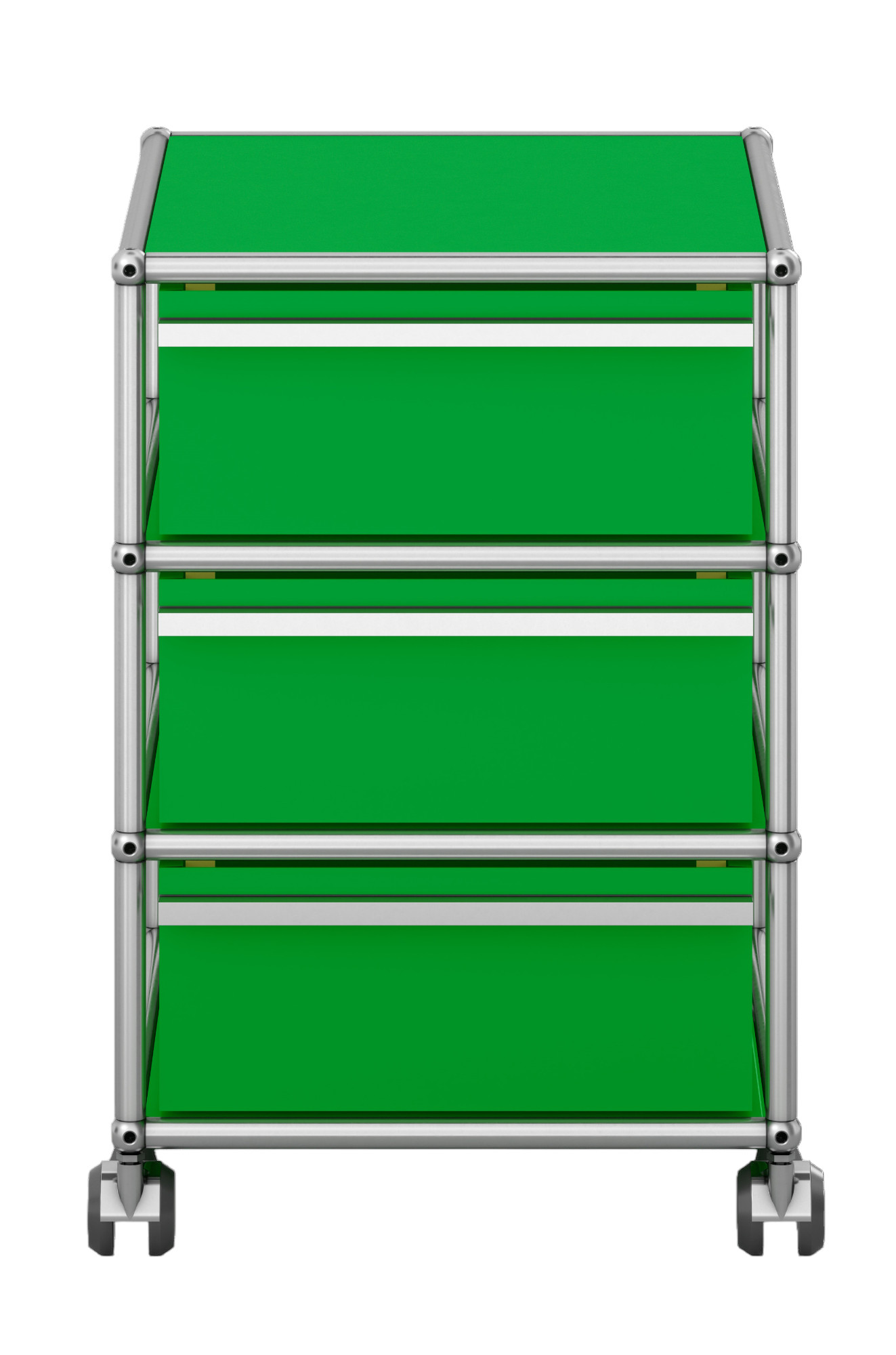Grüner USM Haller Rollcontainer mit drei Schubladen und verchromtem Gestell für Büro und Arbeitszimmer.