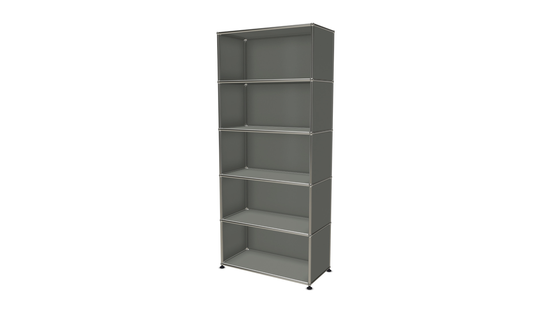 Mittelgraues USM Haller Regal mit fünf Fächern, modernes modulares Design für Büro und Wohnen.