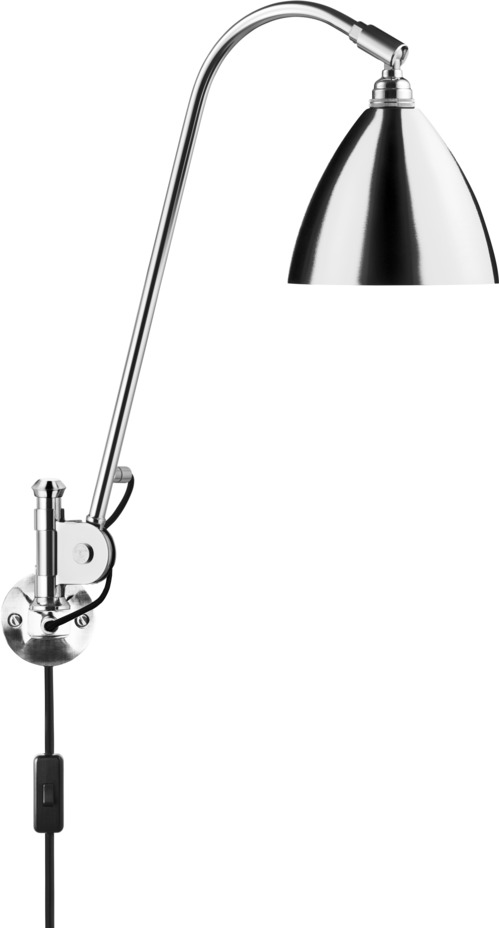 Bestlite BL6 Wandleuchte Chrom von Gubi: Detailaufnahme der verstellbaren Chrom-Wandlampe mit Kegelform.