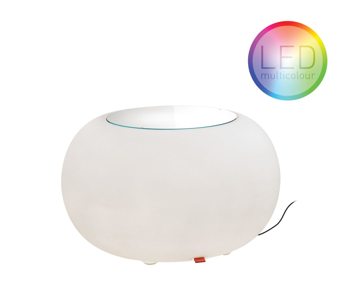 Moree Bubble LED Outdoor Beistelltisch, Sitzgelegenheit mit rotem Kissen, weiße Kugel.