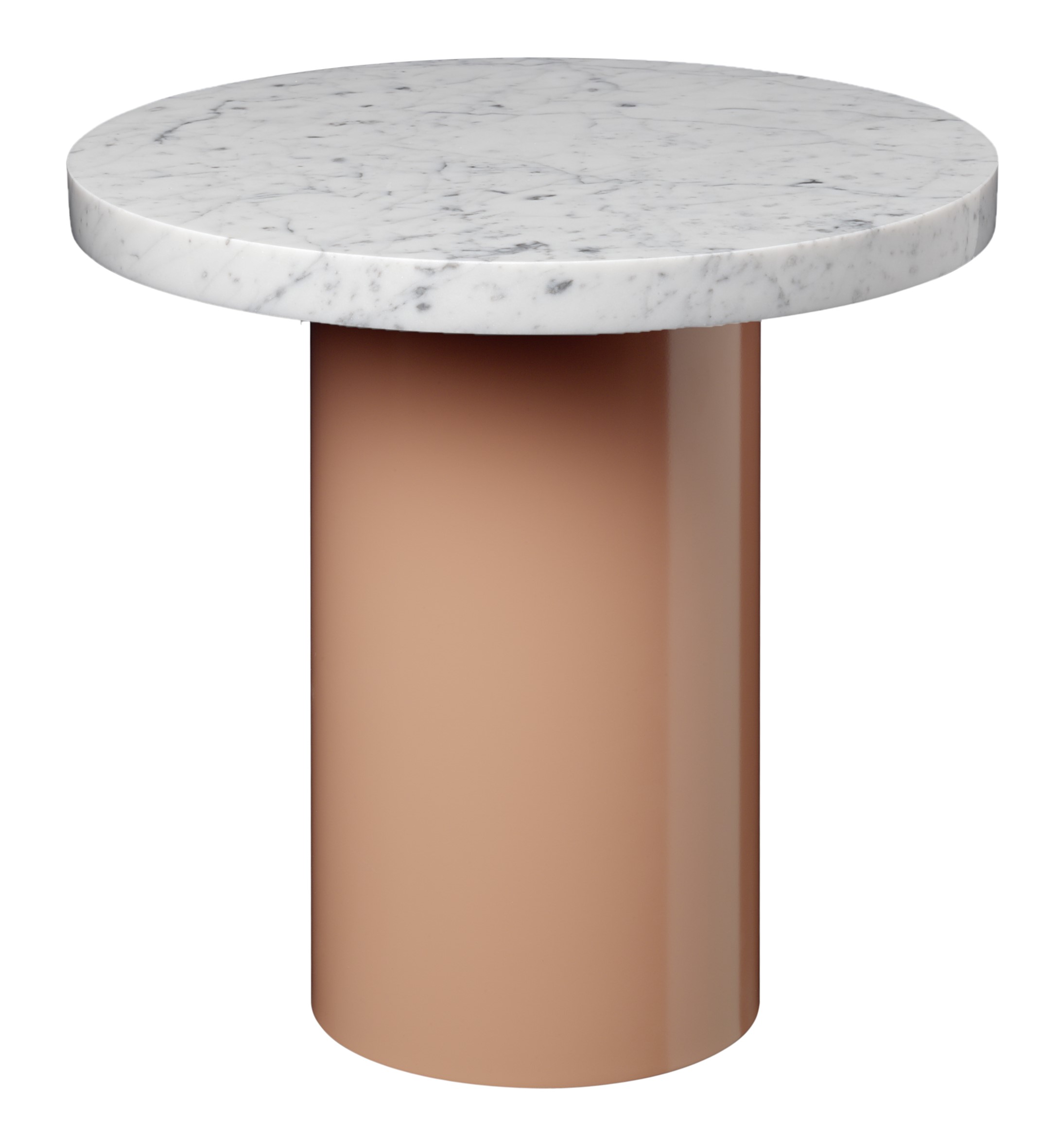 Enoki Beistelltisch von e15 mit runder Marmorplatte und zylinderförmigem, beigem Fuß.