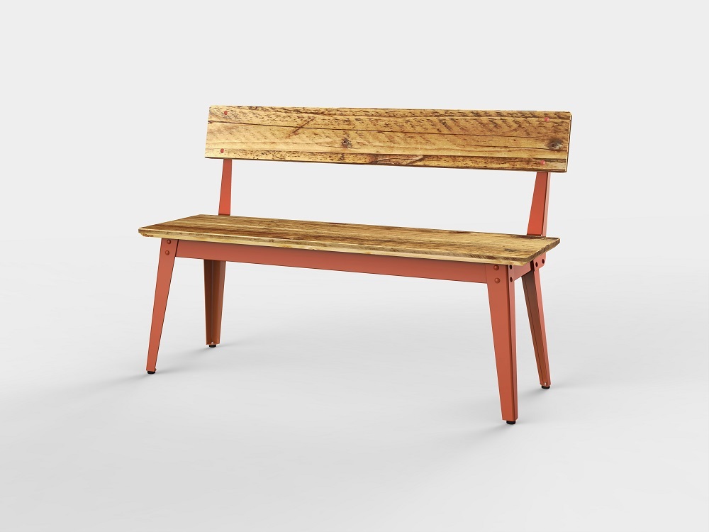 6Grad Outdoorbank mit Rückenlehne, Rotorange Bauholz geölt. Gartenbank aus Holz und Metall für den Außenbereich.