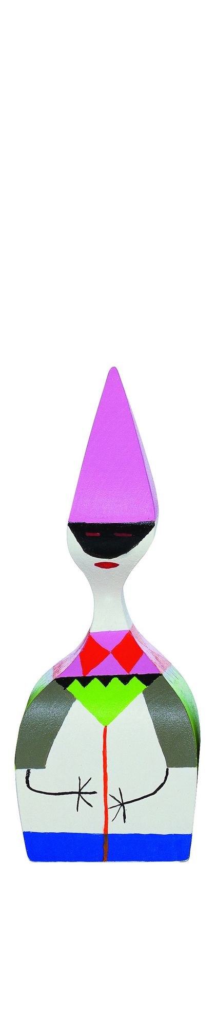 Nahaufnahme der Wooden Dolls Holzfigur Vitra No 6, eine dekorative und handbemalte Holzpuppe.