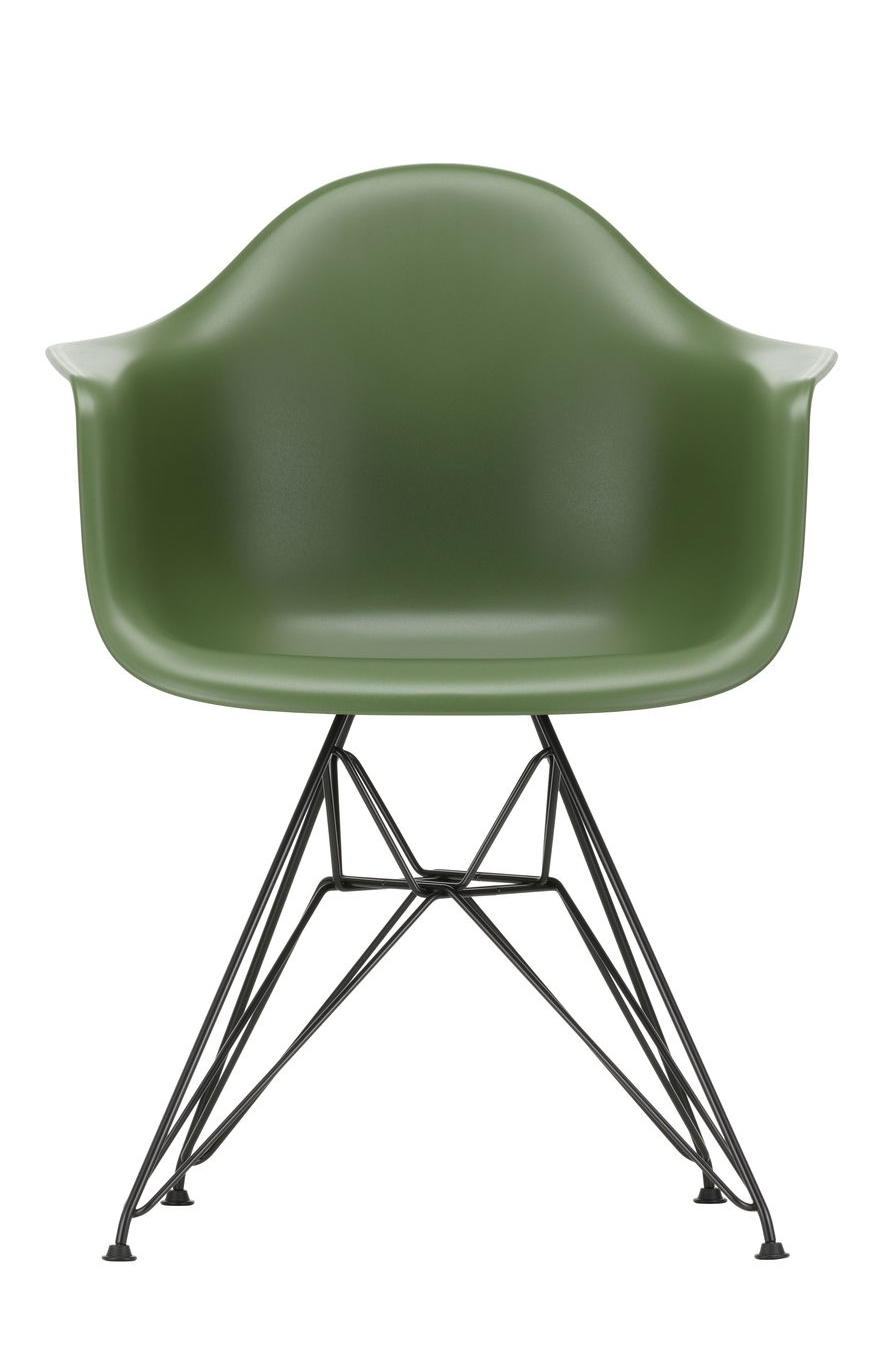 Eames Plastic Arm Chair in Granitgrau mit schwarzem Eiffelturm-Untergestell. Designklassiker von Vitra.