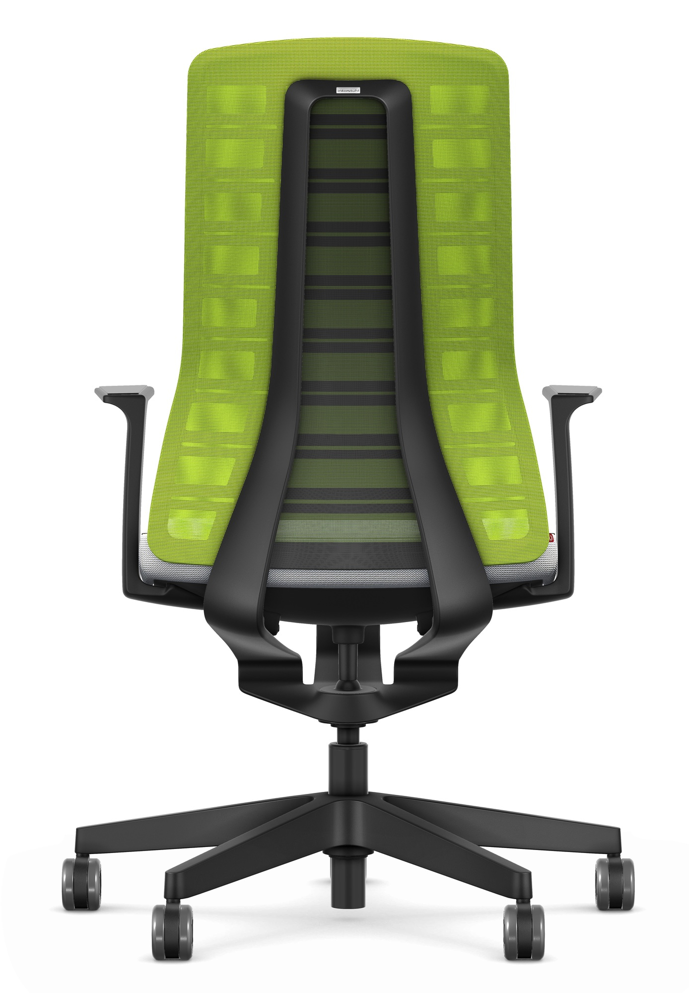 Rückansicht des Interstuhl Bürodrehstuhls Pure Edition in Grün-Hellgrau mit schwarzem Fußkreuz.