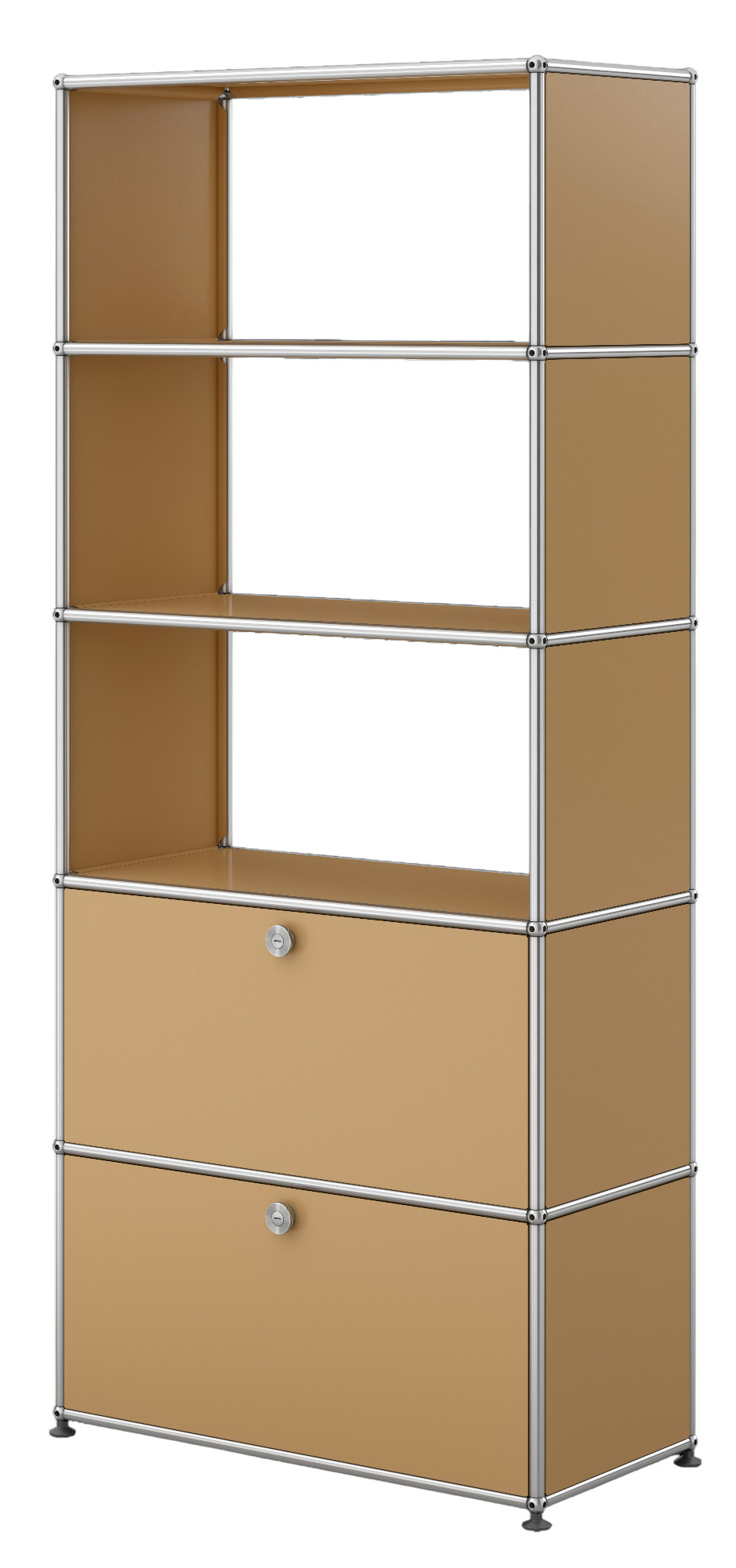 Beiges USM Haller Regal mit zwei Klappen und offenen Fächern, modernes modulares Möbeldesign.