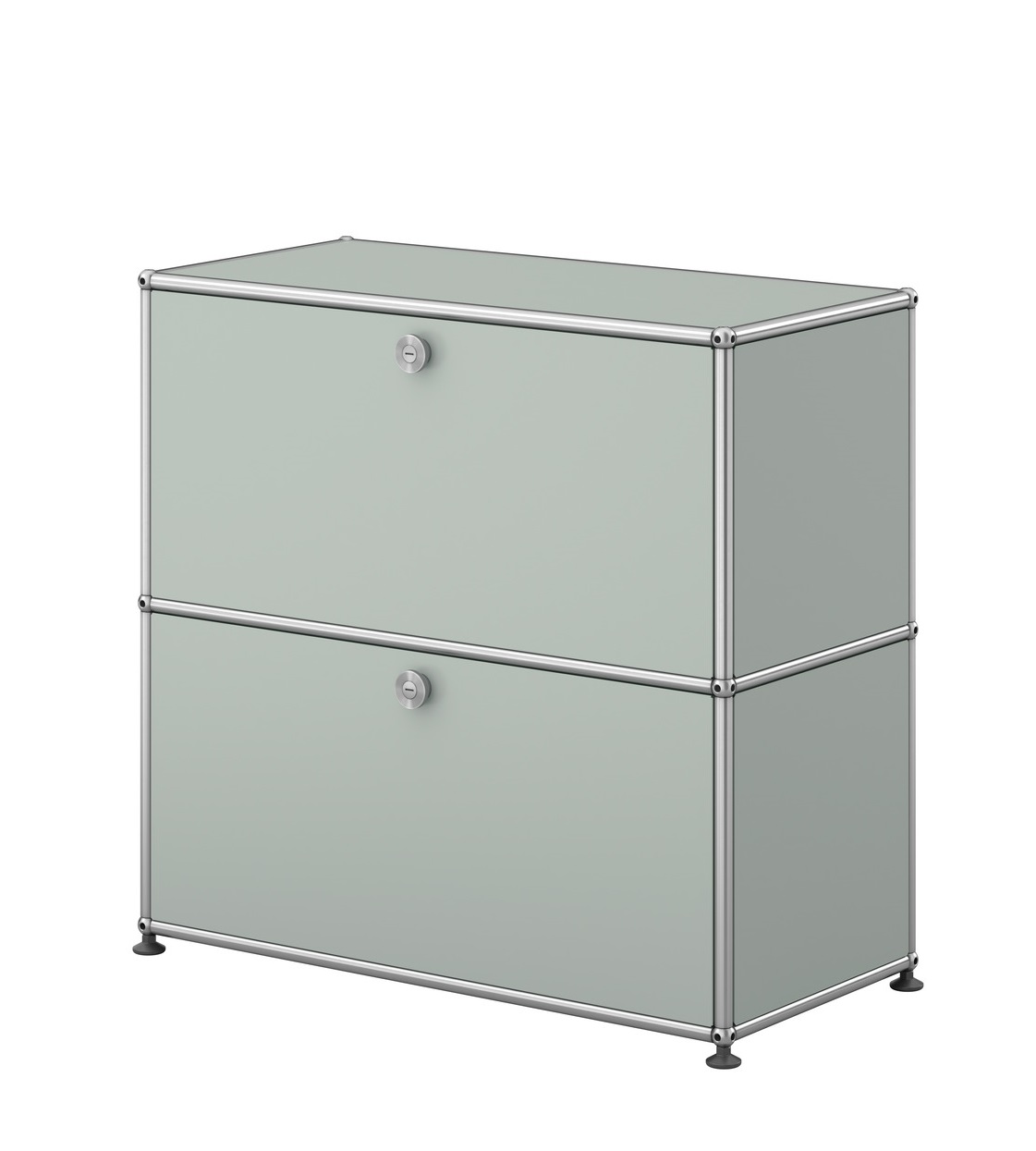 USM Haller Sideboard klein in Lichtgrau mit zwei abschließbaren Fächern und verchromtem Gestell.