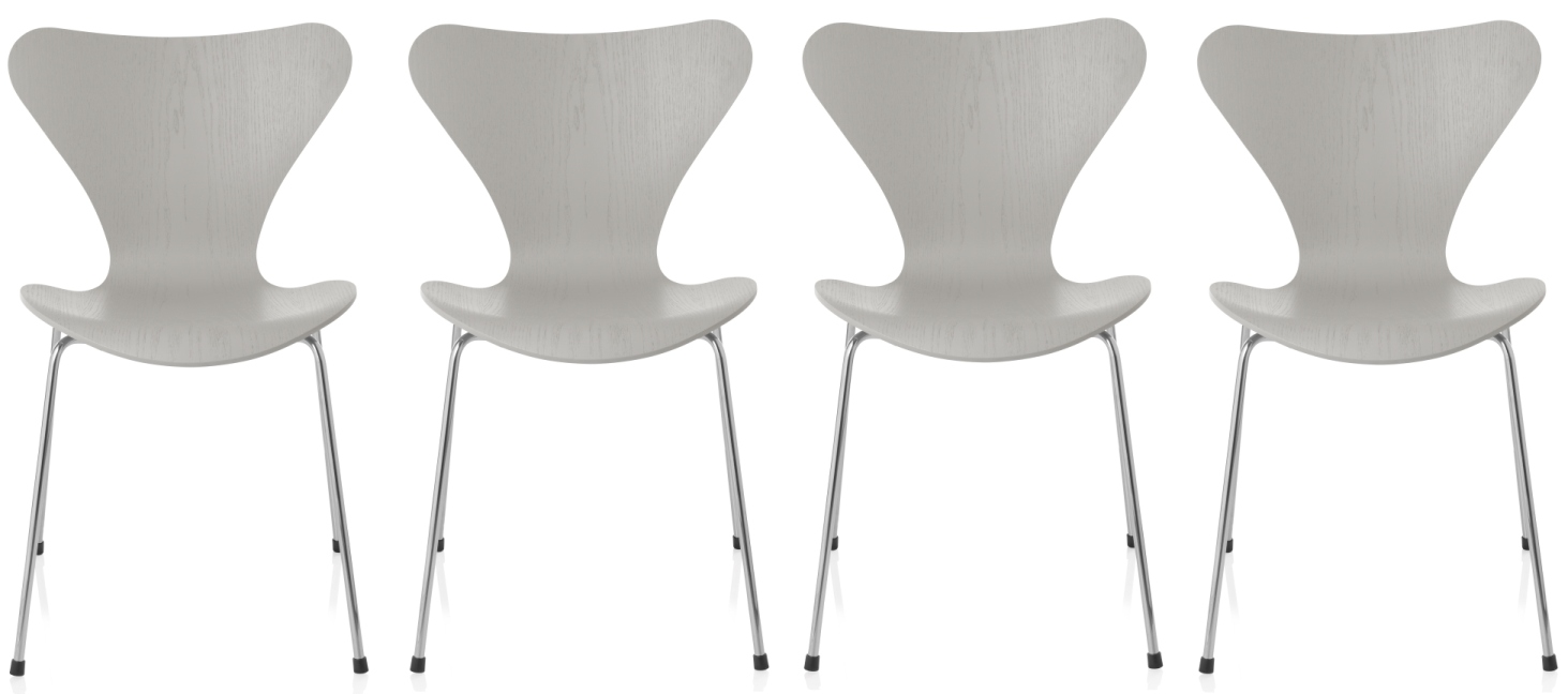 Siebener / Serie Stuhl 3107 Esche 4-er Set Fritz Hansen Nine grey Vier graue Siebener Stühle von Fritz Hansen aus Esche mit Chromgestell. Designklassiker.