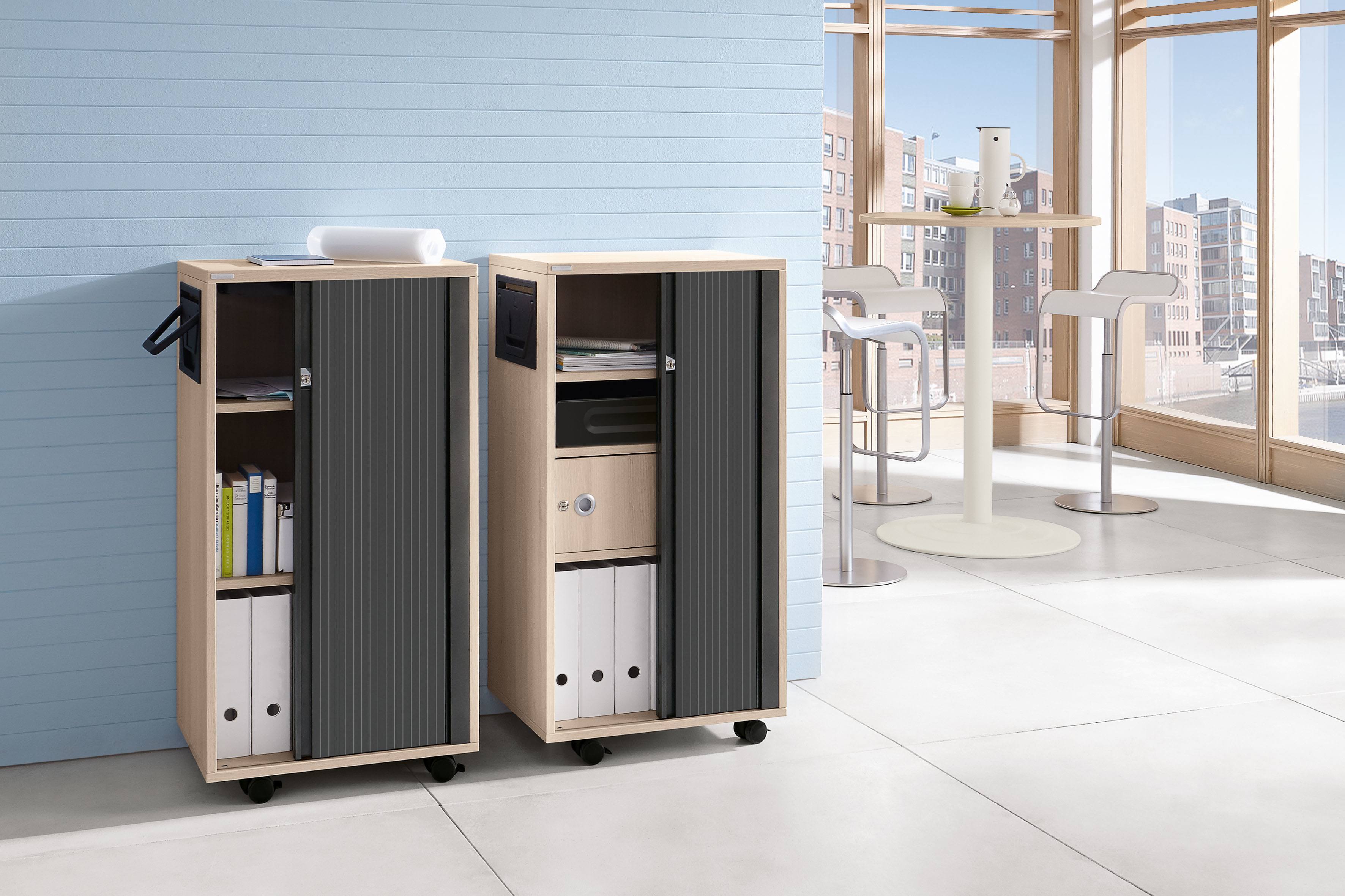 Zwei Palmberg Orga Plus Standcontainer mit Rollen und Rollladen im Büroumfeld.