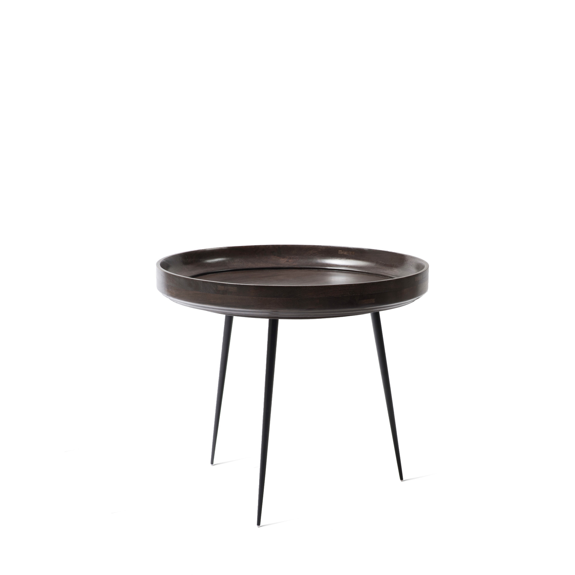 Bowl Table aus Mangoholz in Sirka grau, ein moderner Beistelltisch mit drei Beinen.