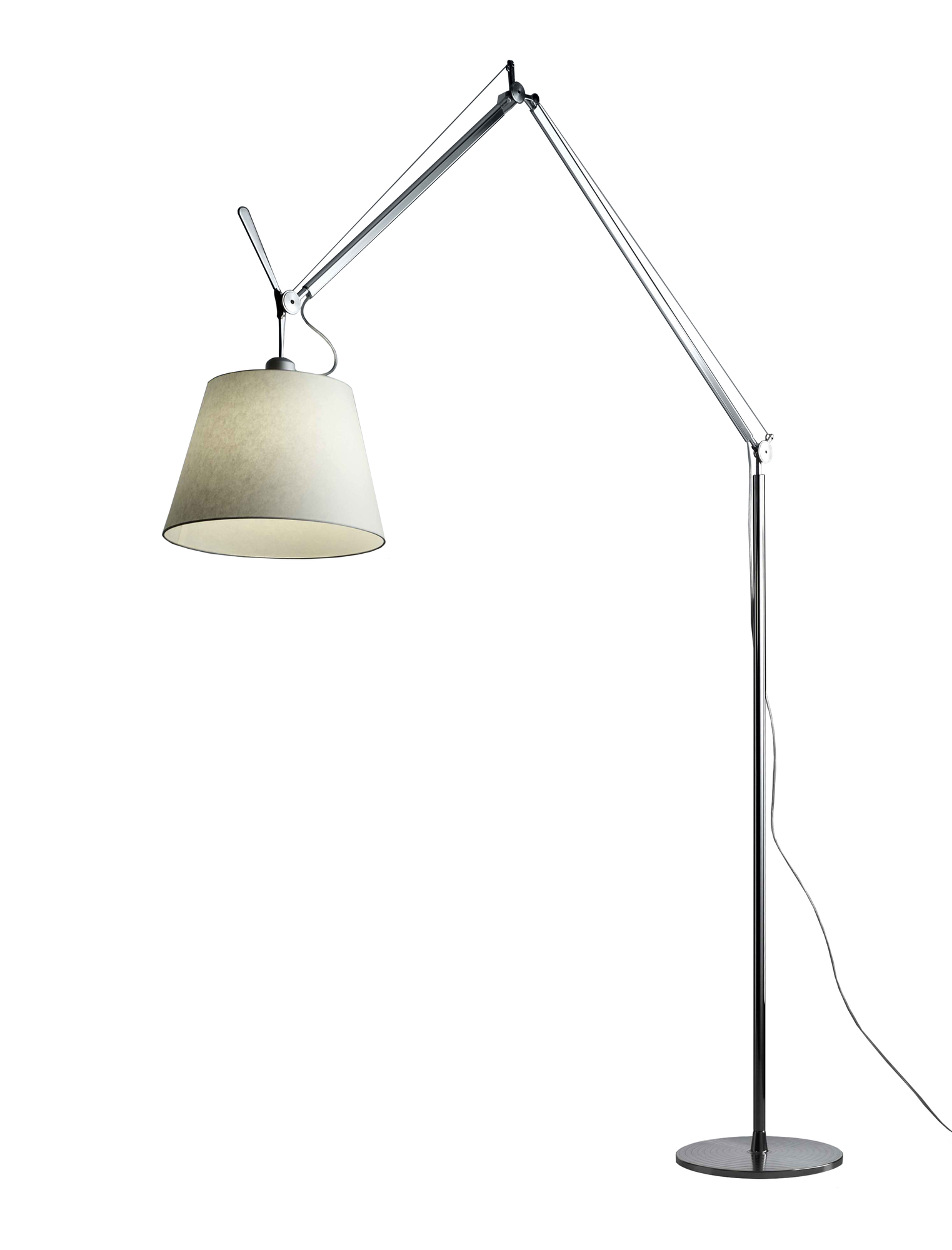 Artemide Tolomeo Mega Stehleuchte mit Stoffschirm, verstellbarer Arm und schwarzem Standfuß.