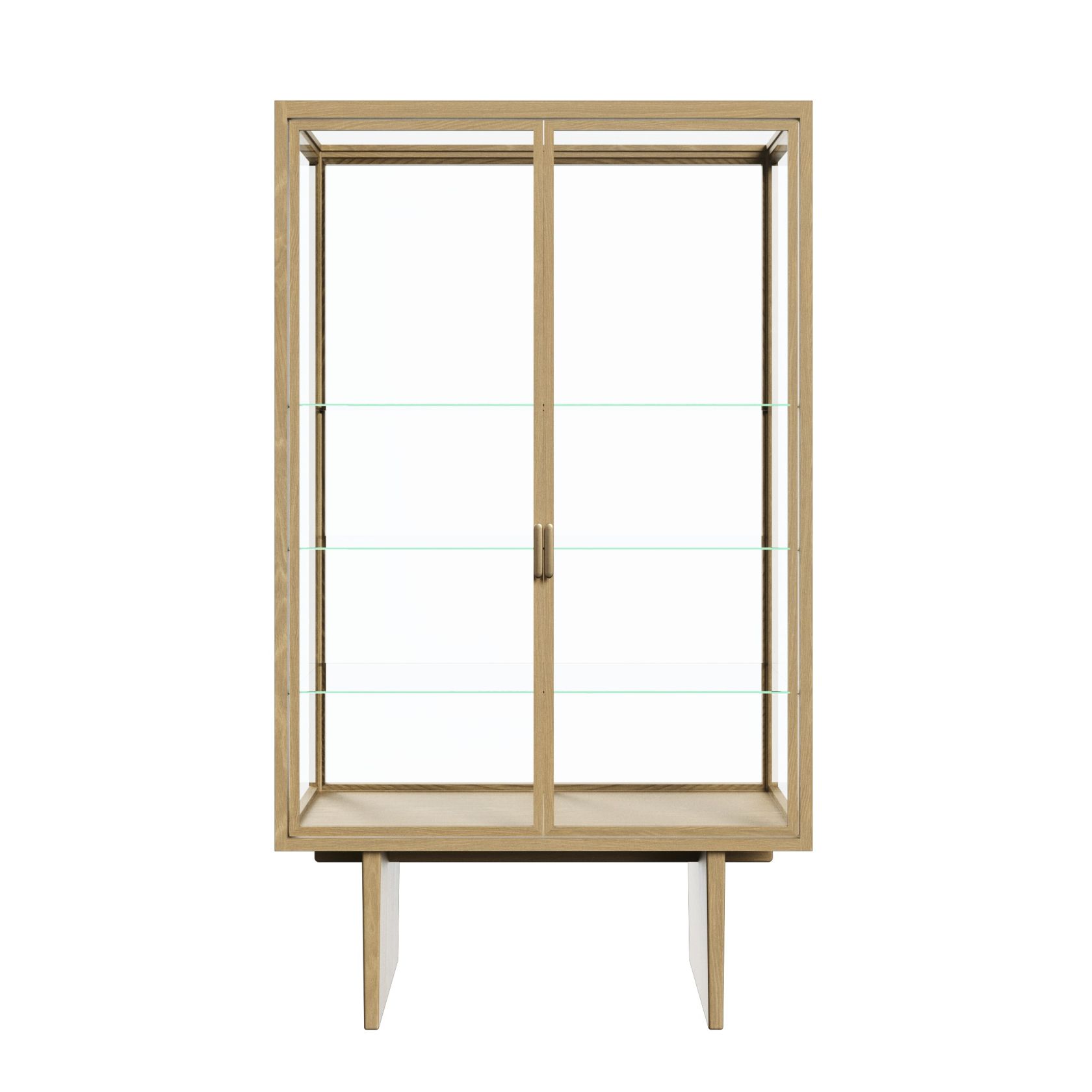 Helle Eichenholz Vitrine mit Glastüren und Glasböden, modernes Design für Wohnzimmer und Esszimmer.