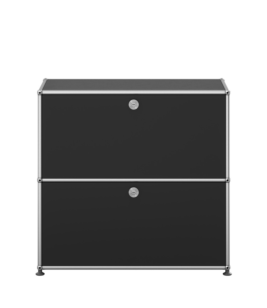 USM Haller Sideboard in Graphitschwarz mit zwei abschließbaren Fächern und verchromtem Gestell.