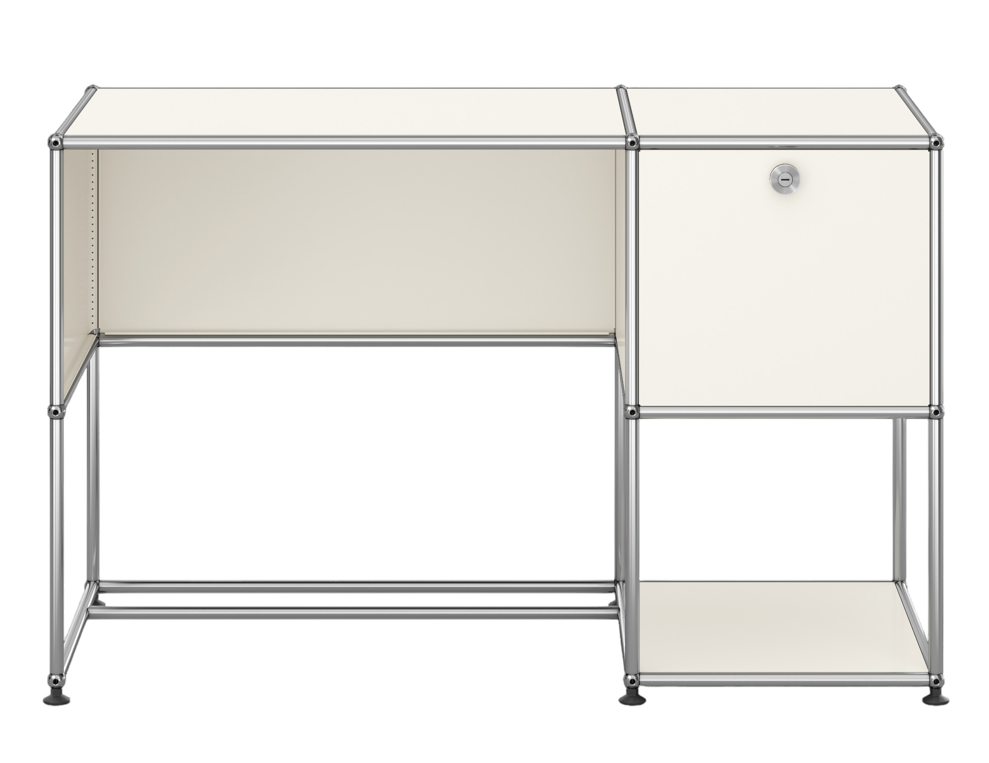 USM Haller Schreibtisch in Reinweiss mit einem Schubladenelement und verchromtem Gestell. Moderner Bürotisch.