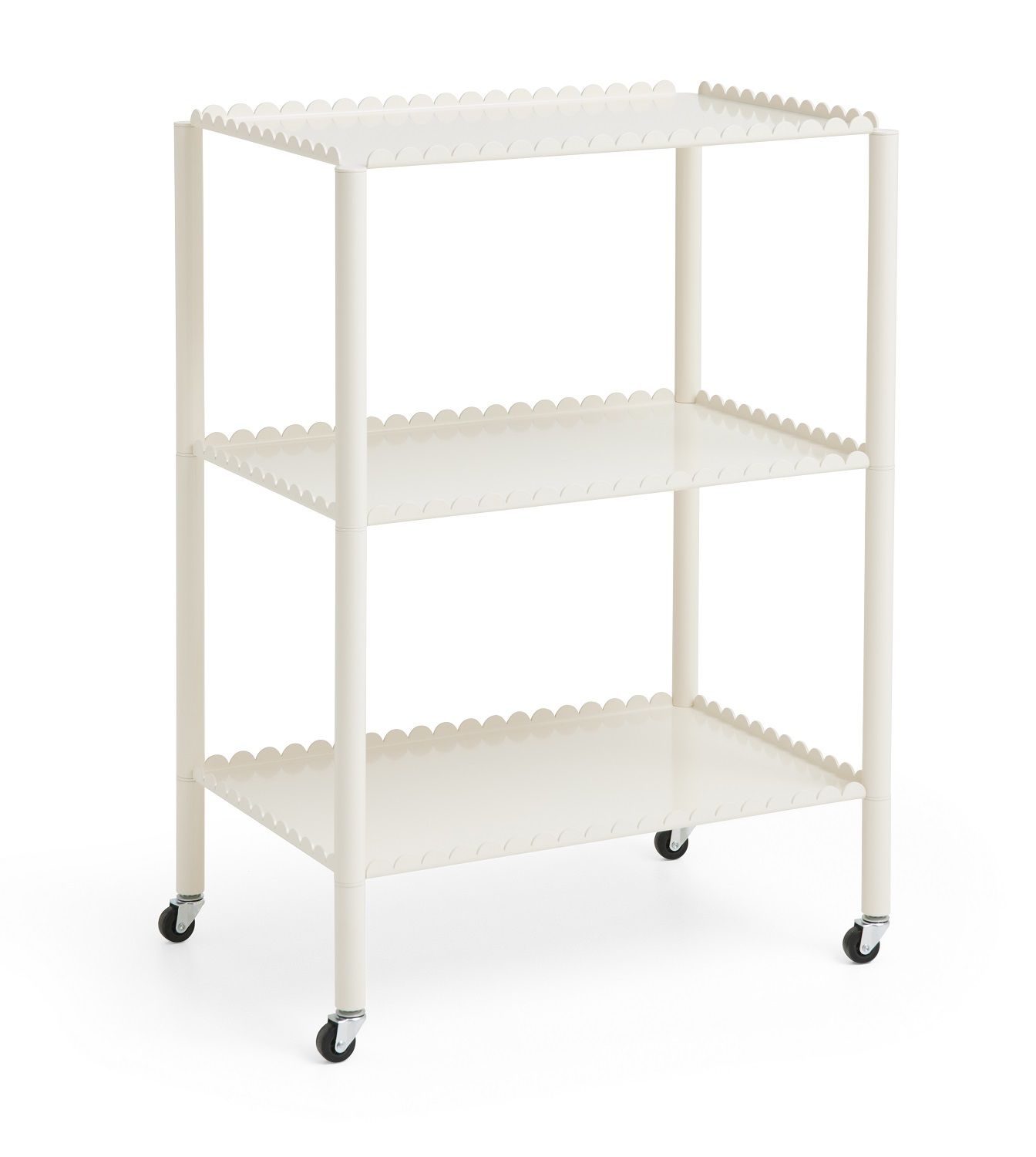 Weißer Arcs Servierwagen mit drei Ablagen und Rollen für Küche oder Wohnzimmer.