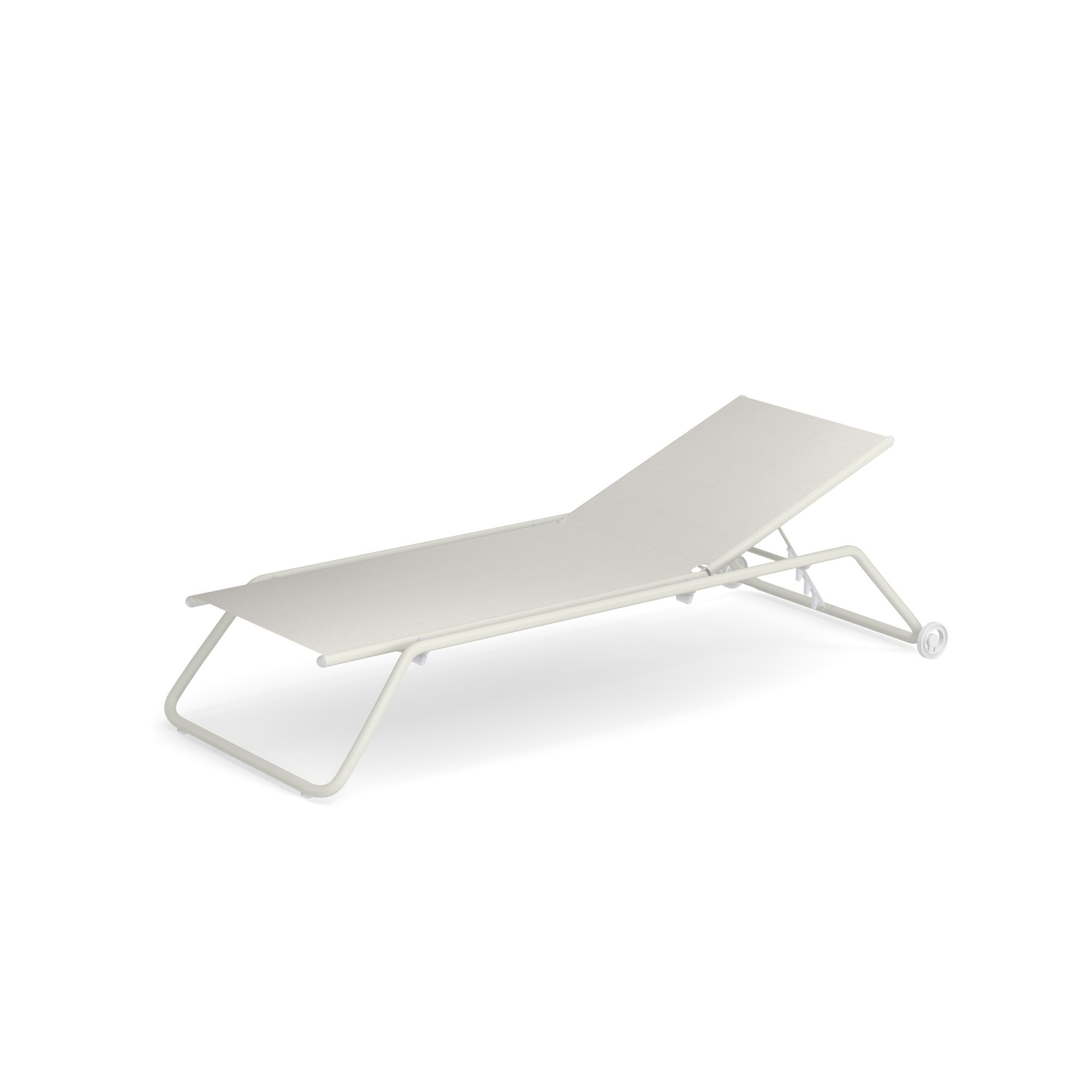 Weiße Snooze Sonnenliege von Emu mit Rollen, ideal für Garten, Terrasse und Pool.